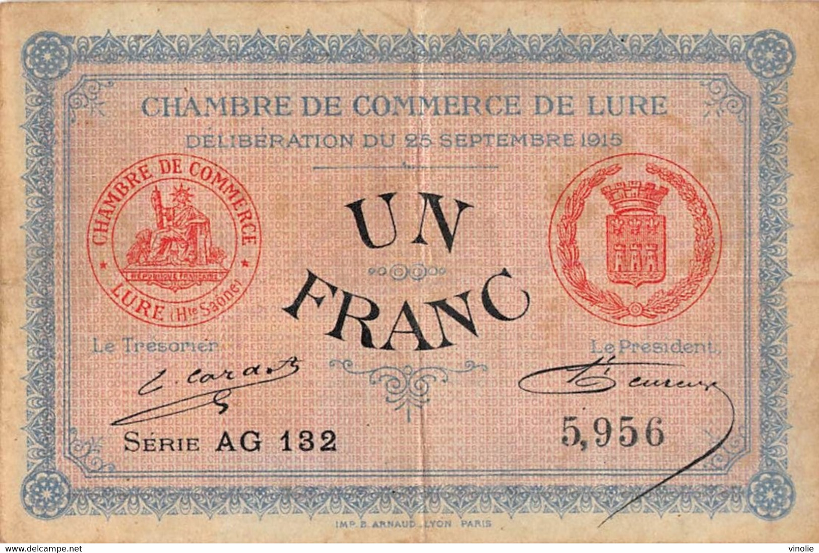 22-1844 : BILLET CHAMBRE DE COMMERCE 1 FRANC. LURE. HAUTE-SAONE - Chambre De Commerce