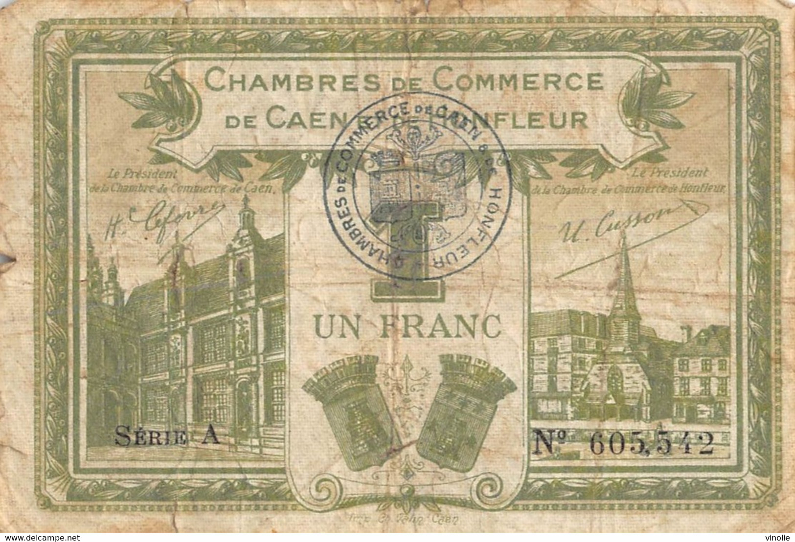 22-1845 : BILLET CHAMBRE DE COMMERCE 1 FRANC. CAEN ET HONFLEUR. CALVADOS - Chambre De Commerce