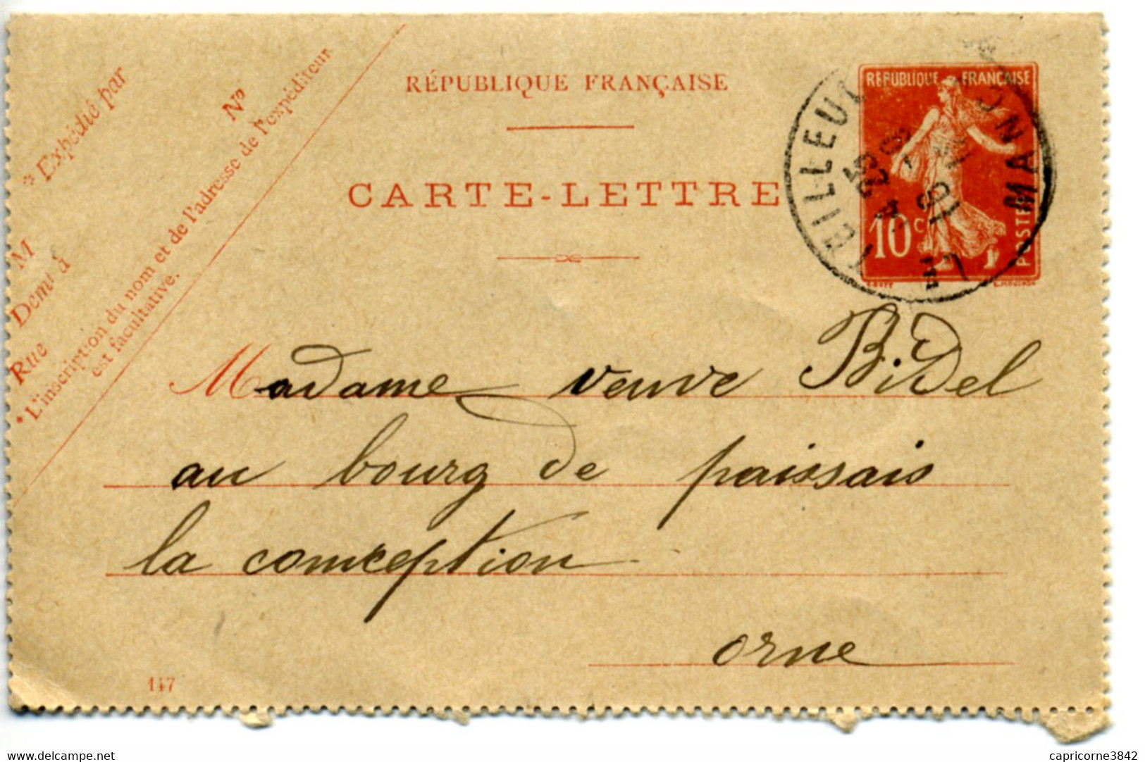 1912 - Carte-lettre De Le Teilleul Pour Passais La Conception - Tp Semeuse 10ct N° 137 - Date 147 - Kaartbrieven