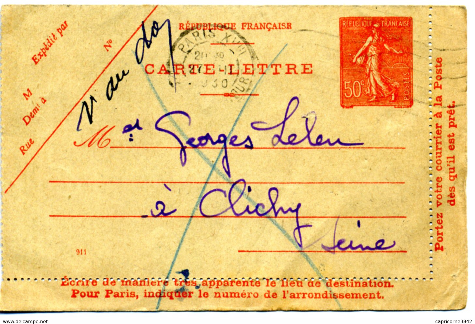 1930 - Carte-lettre De Paris XVIII - Tp 50ct N° 199 - Date 911 - Verso "INCONNU A L'APPEL DU FACTEUR" - Lettre Facteur N - Kaartbrieven