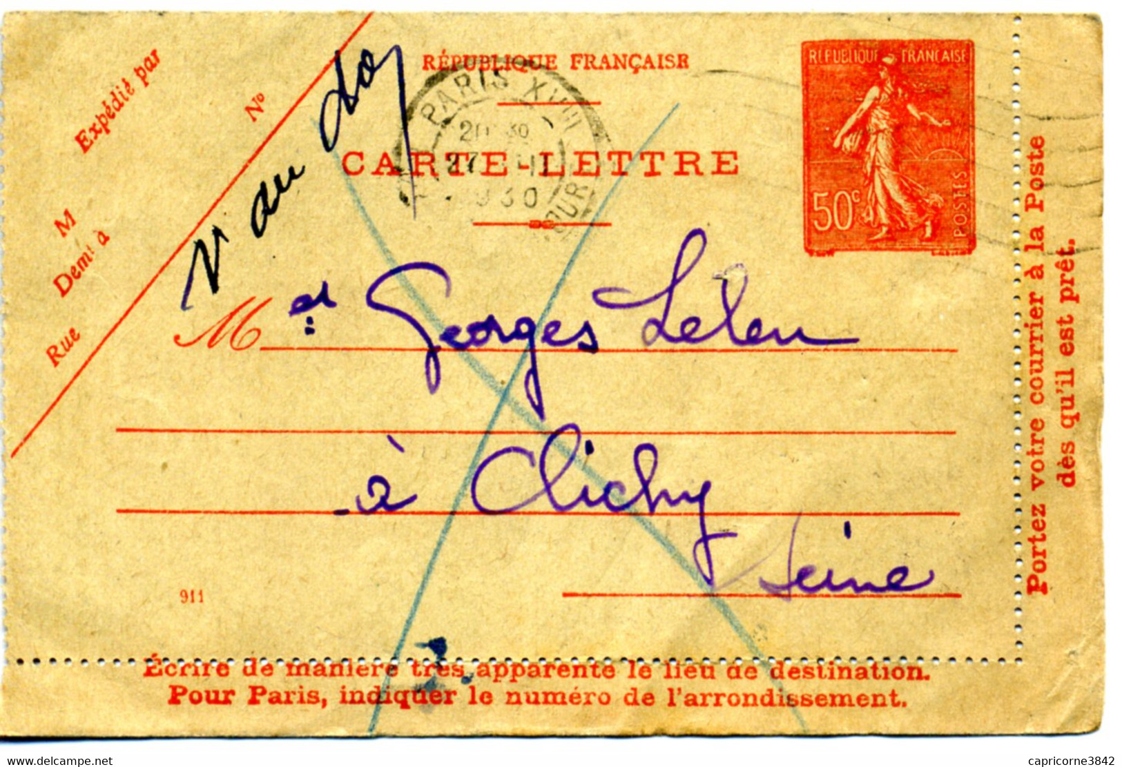 1930 - Carte-lettre De Paris XVIII - Tp 50ct N° 199 - Date 911 - Verso "INCONNU A L'APPEL DU FACTEUR" - Lettre Facteur N - Kartenbriefe