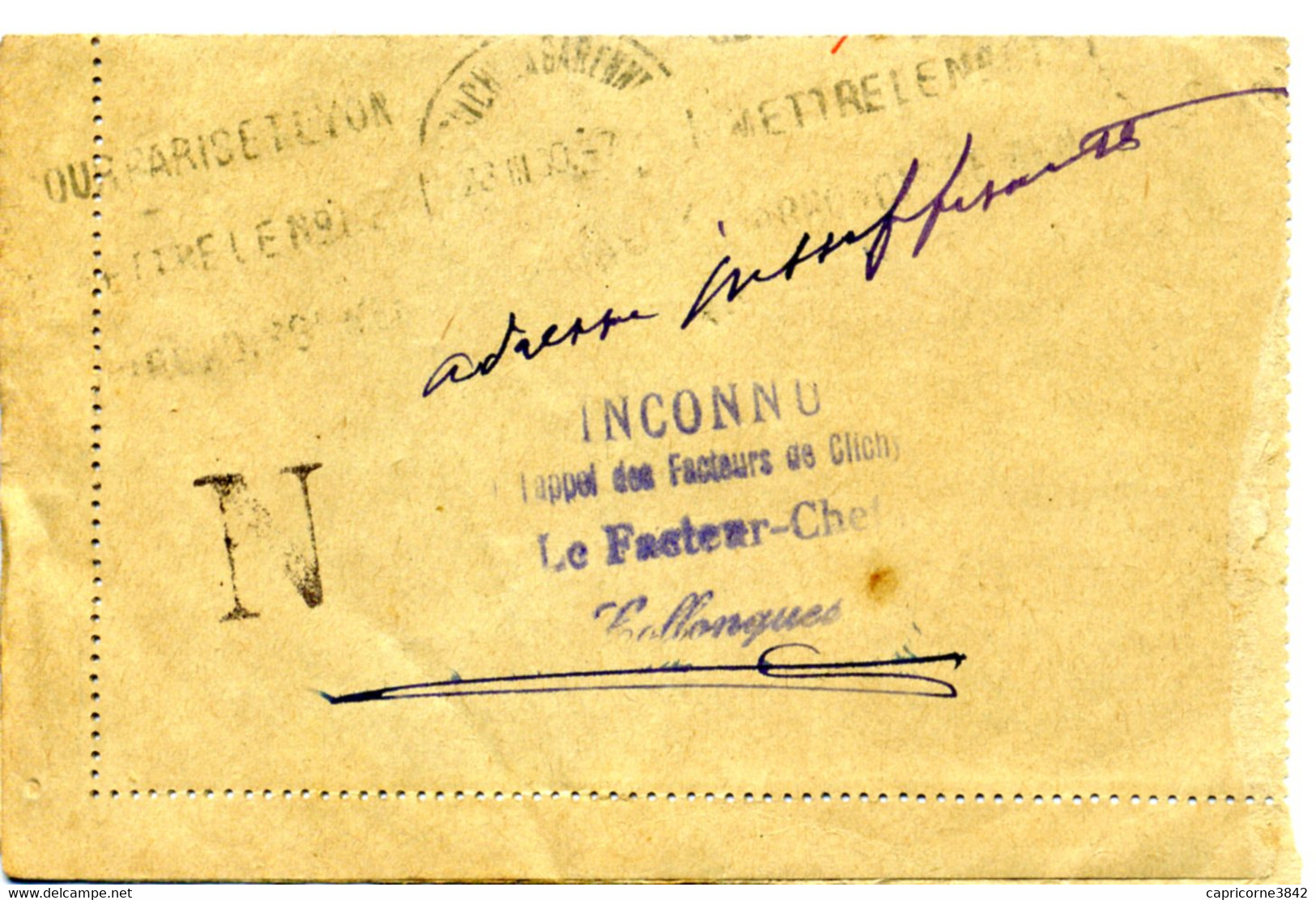 1930 - Carte-lettre De Paris XVIII - Tp 50ct N° 199 - Date 911 - Verso "INCONNU A L'APPEL DU FACTEUR" - Lettre Facteur N - Letter Cards