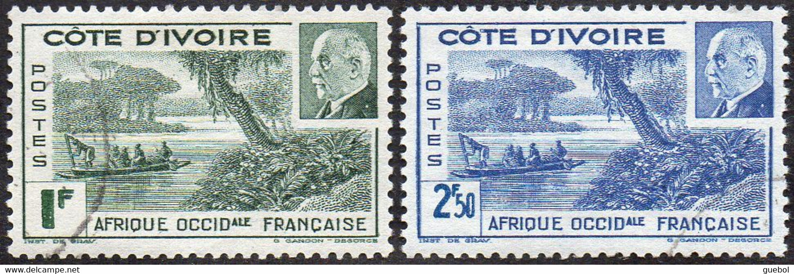 Détail De La Série Maréchal Pétain Obl. Cote D'Ivoire N° 169 Et 170 - Lagune Ebrié - 1941 Série Maréchal Pétain