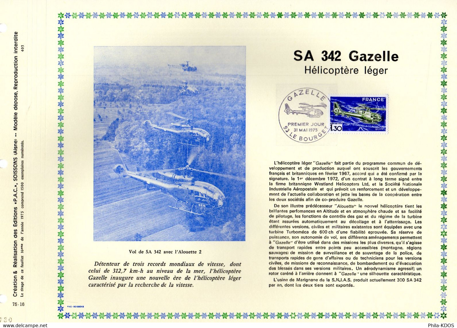 &#9989; RR 1500 Ex." SA 342 GAZELLE " Sur Feuillet PAC N°té RARE De 1975 N° YT 1805. Parfait état. RR - Helicopters