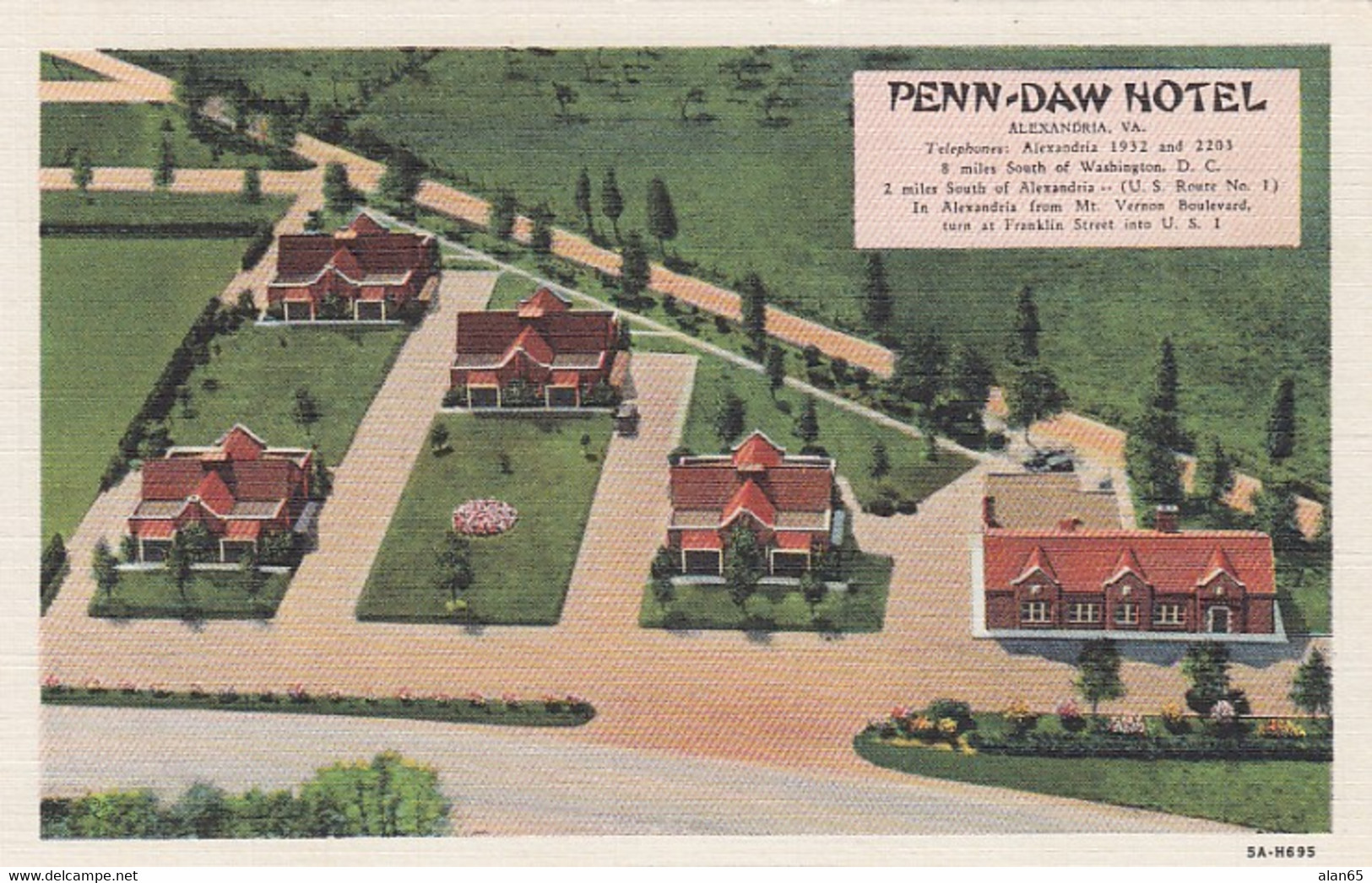 Alexandria Virginia, Penn-Daw Hotel, Bungalows, C1930s Vintage Curteich Linen Postcard - Alexandria