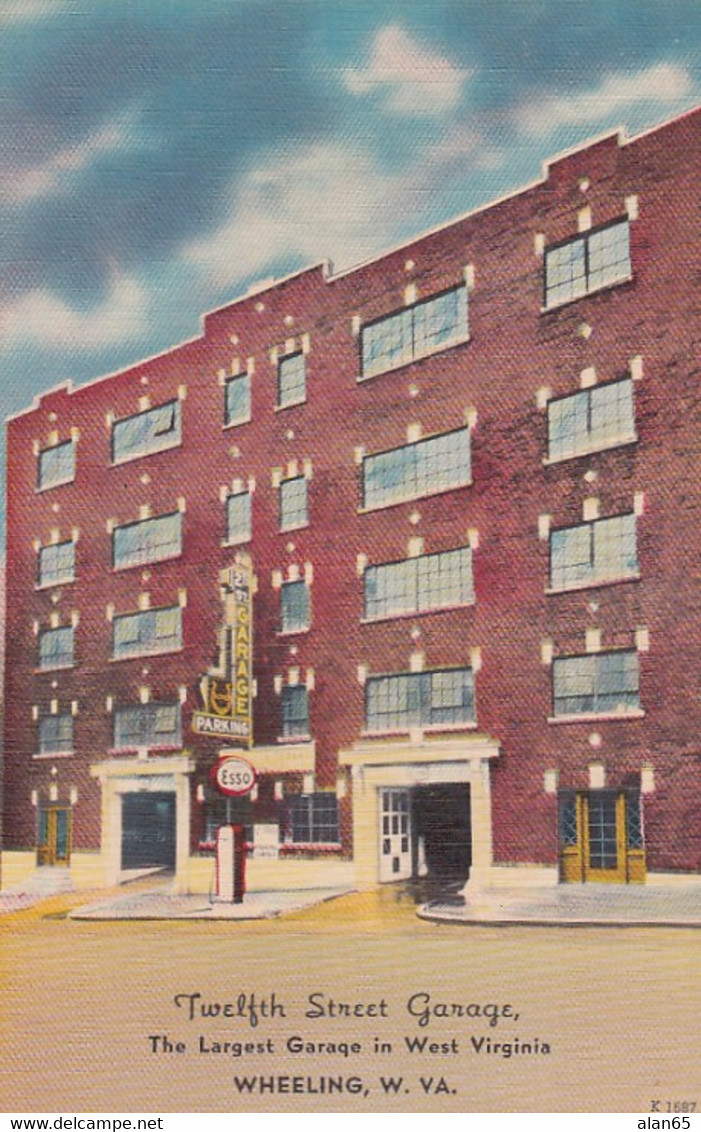 Wheeling West Virginia, Twelfth Street Garage, Esso Gas Pump C1940s Vintage Linen Postcard - Wheeling