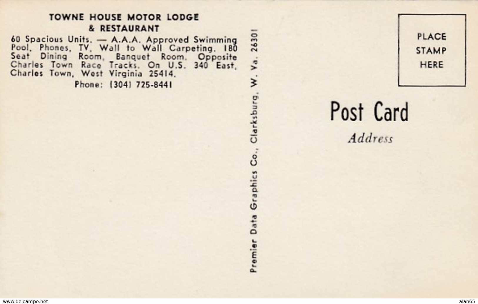 Charleston West Virginia, Towne House Motor Lodge & Restaurant C1960s/70s Vintage Mini Postcard - Charleston