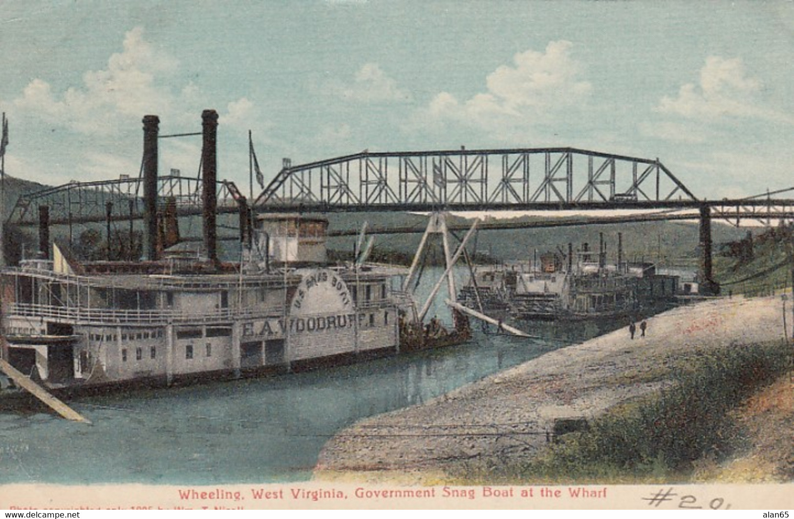 Wheeling West Virginia, Government Snag Boat At Wharf, E.A. Woodruff Paddle-wheel C1900s/10s Vintage Postcard - Wheeling