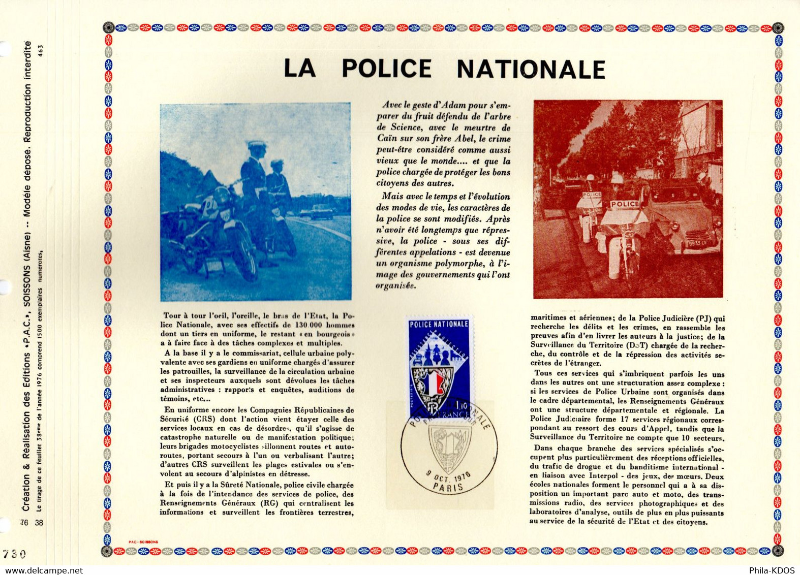 RR 1500 Ex. " LA POLICE NATIONALE " Sur PAC 1er Jour De 1976. N° YT 1907  Parf état. RR - Politie En Rijkswacht