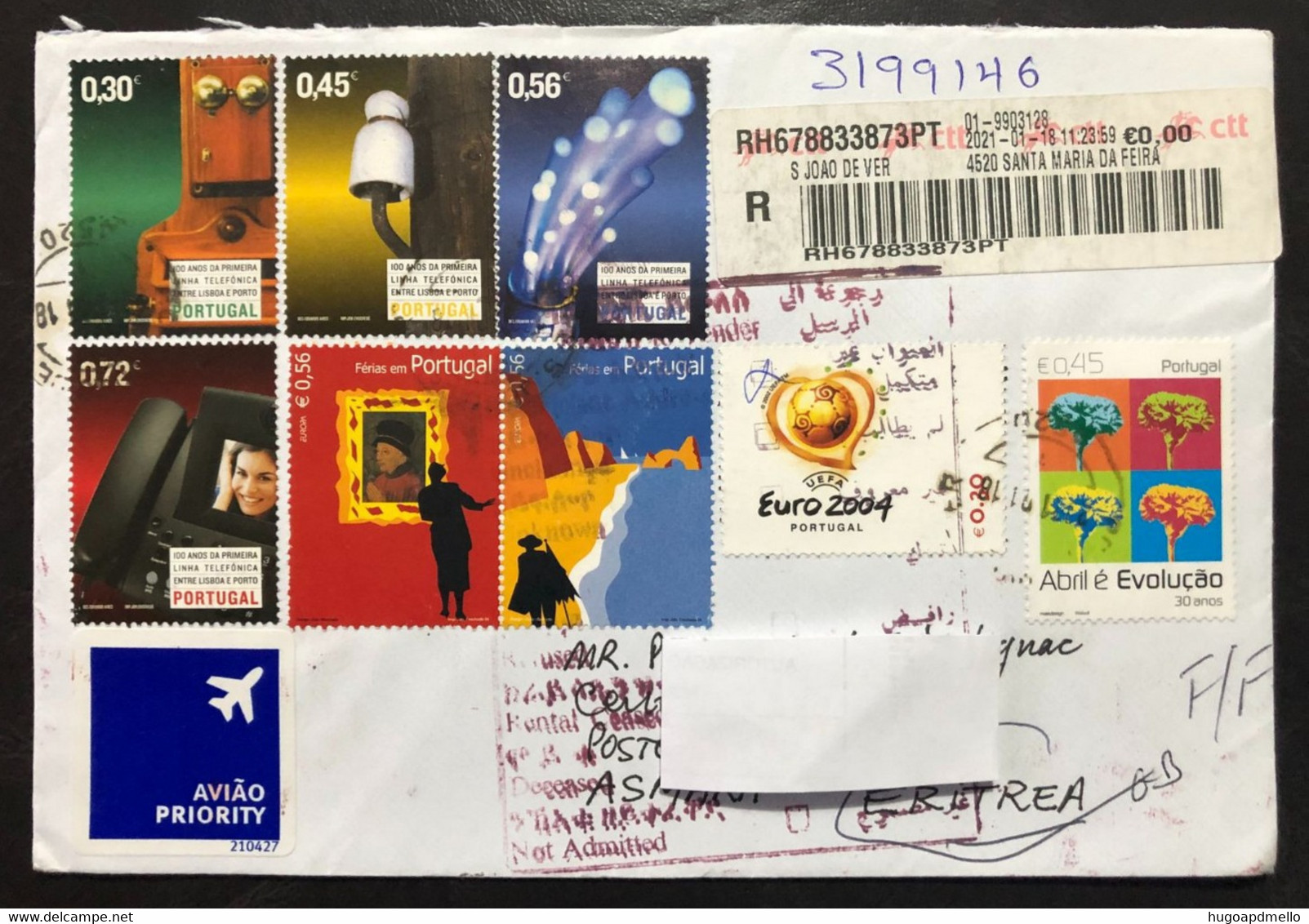 PORTUGAL, Registered Circulated Cover To ERITREA,  « Return To Sender », « Europa Cept 2004 », 2021 - Covers & Documents