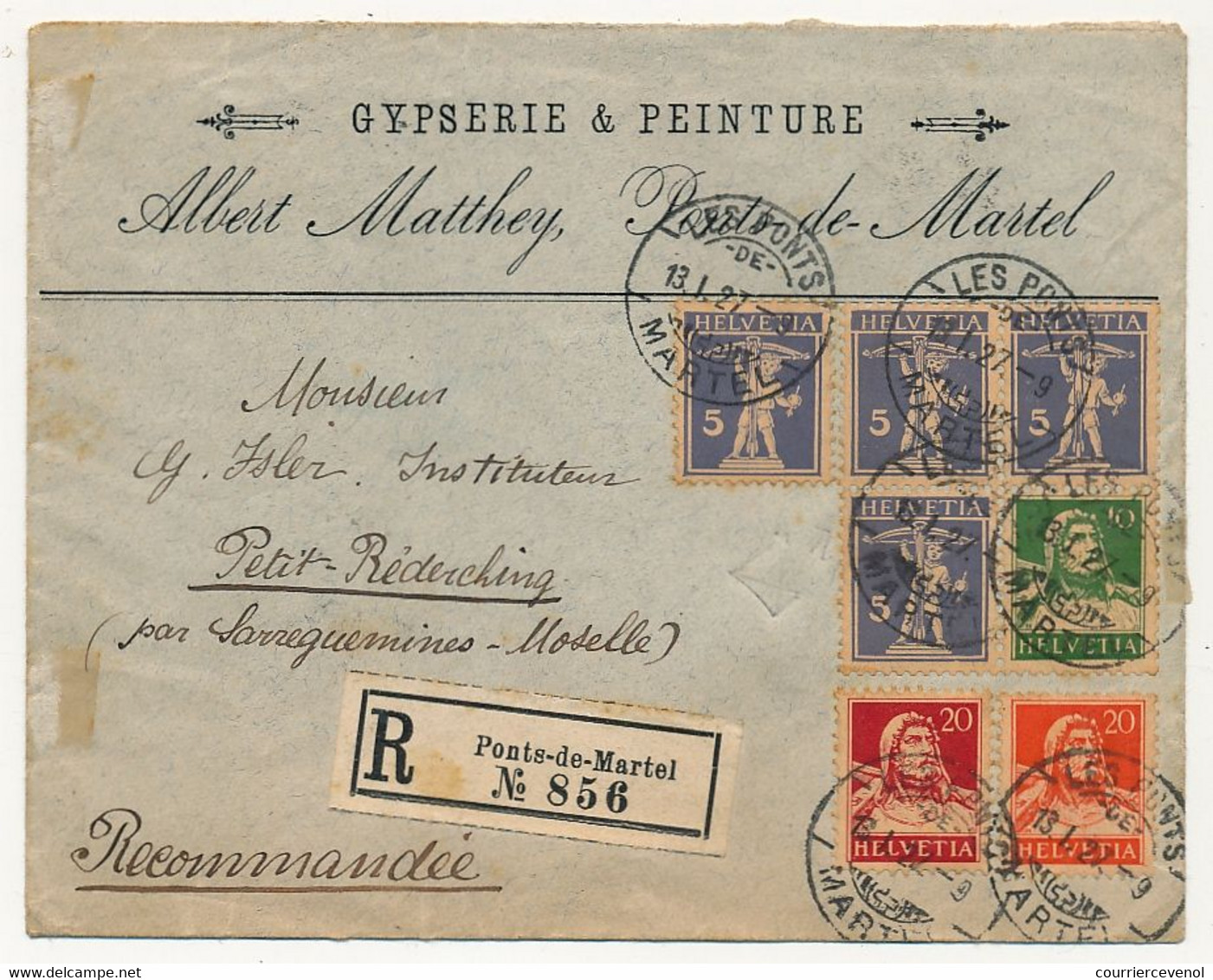 SUISSE - Env. Reco. Ponts-de-Martel, Affr Composé Dont Bloc De 4 (5c Tell + 10c Helvetia) 1927 - En Tête Matthey - Storia Postale