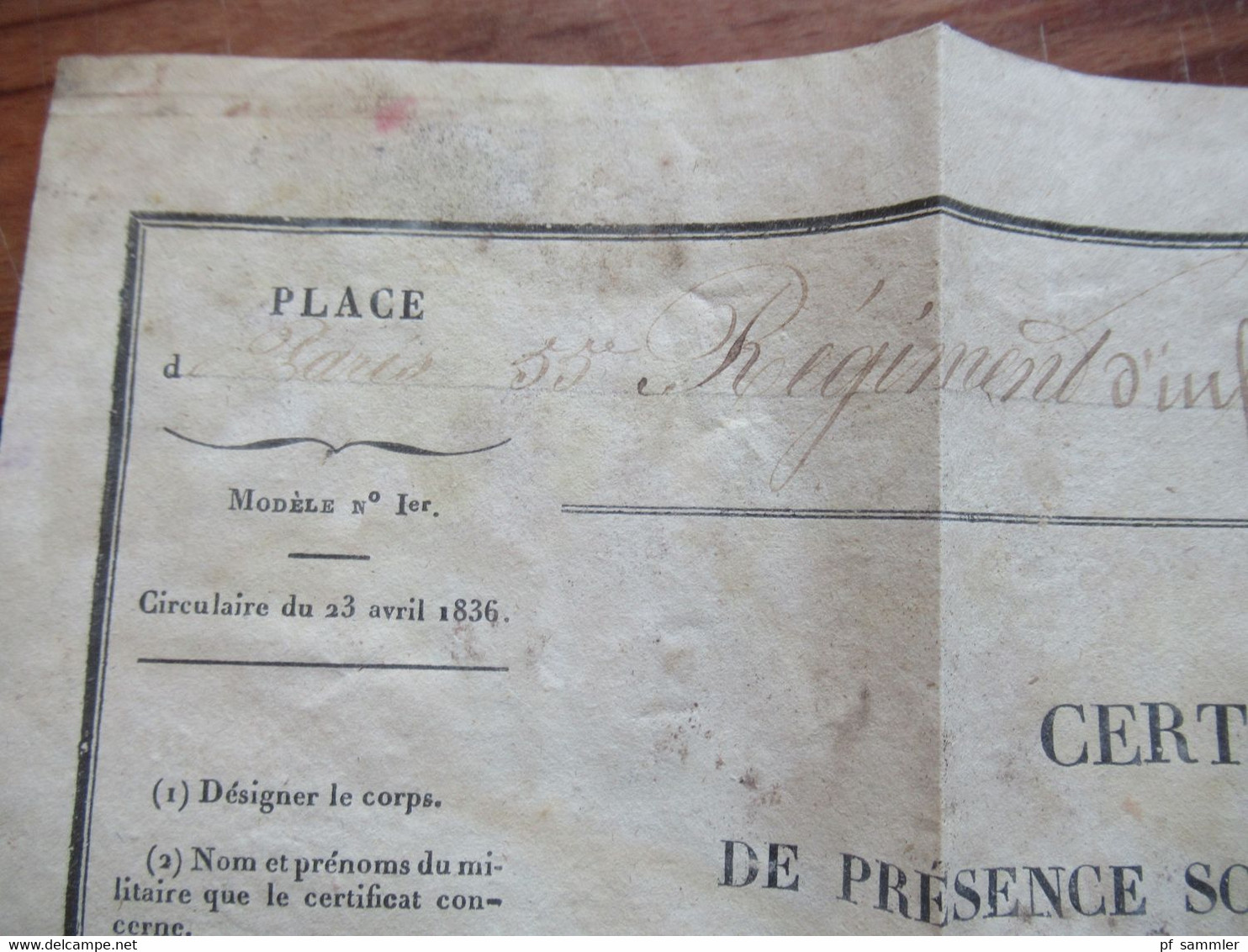 Paris 1836 55e Regiment d'Infanterie de ligne Brief nach  Angers / Sous - Intendant Militaire mit Unterschriften