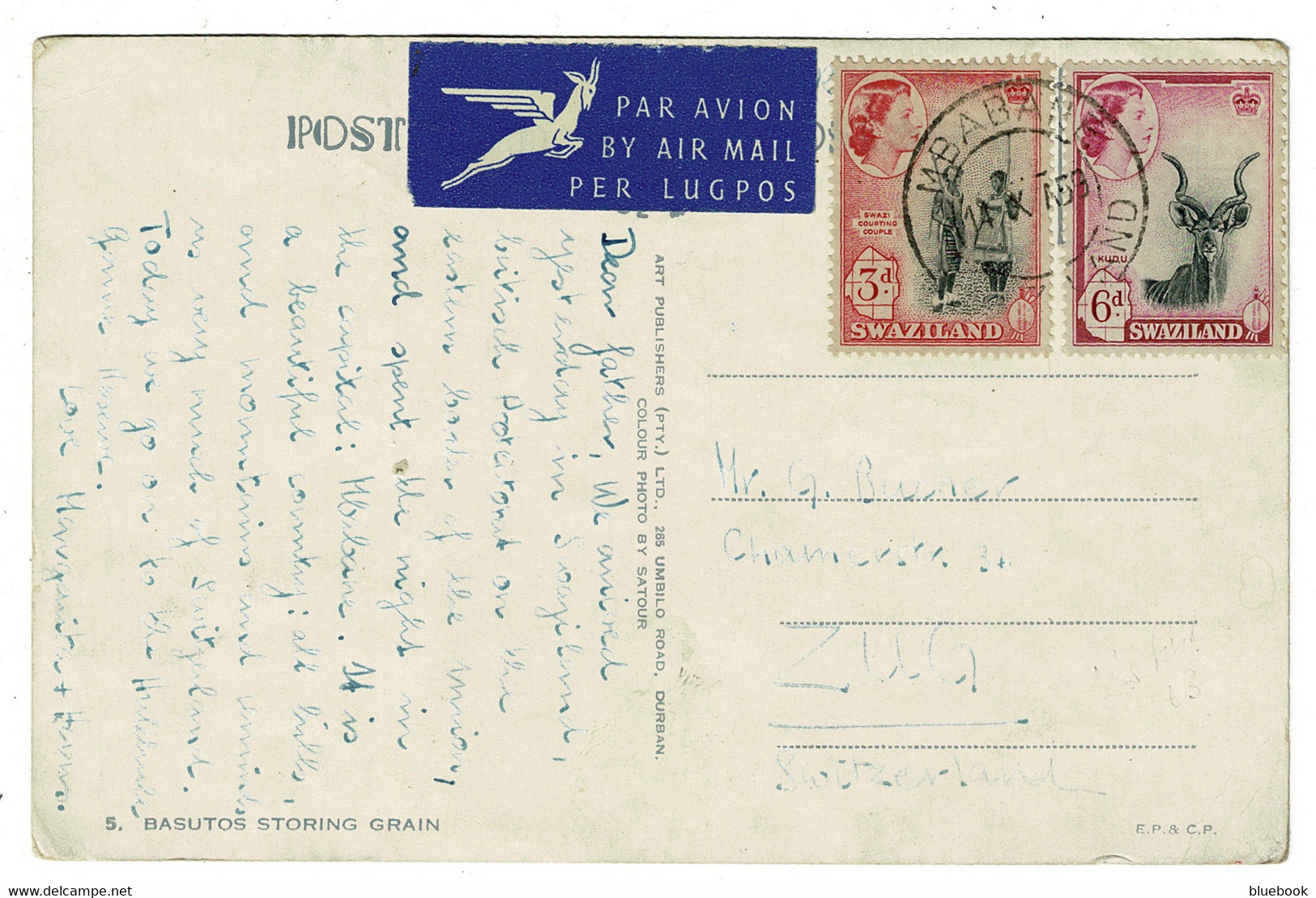 Ref 1539 -  1959 Ethnic Postcard - Swaziland 9d Airmail Rate To Zug Switzerland - Swasiland (...-1967)