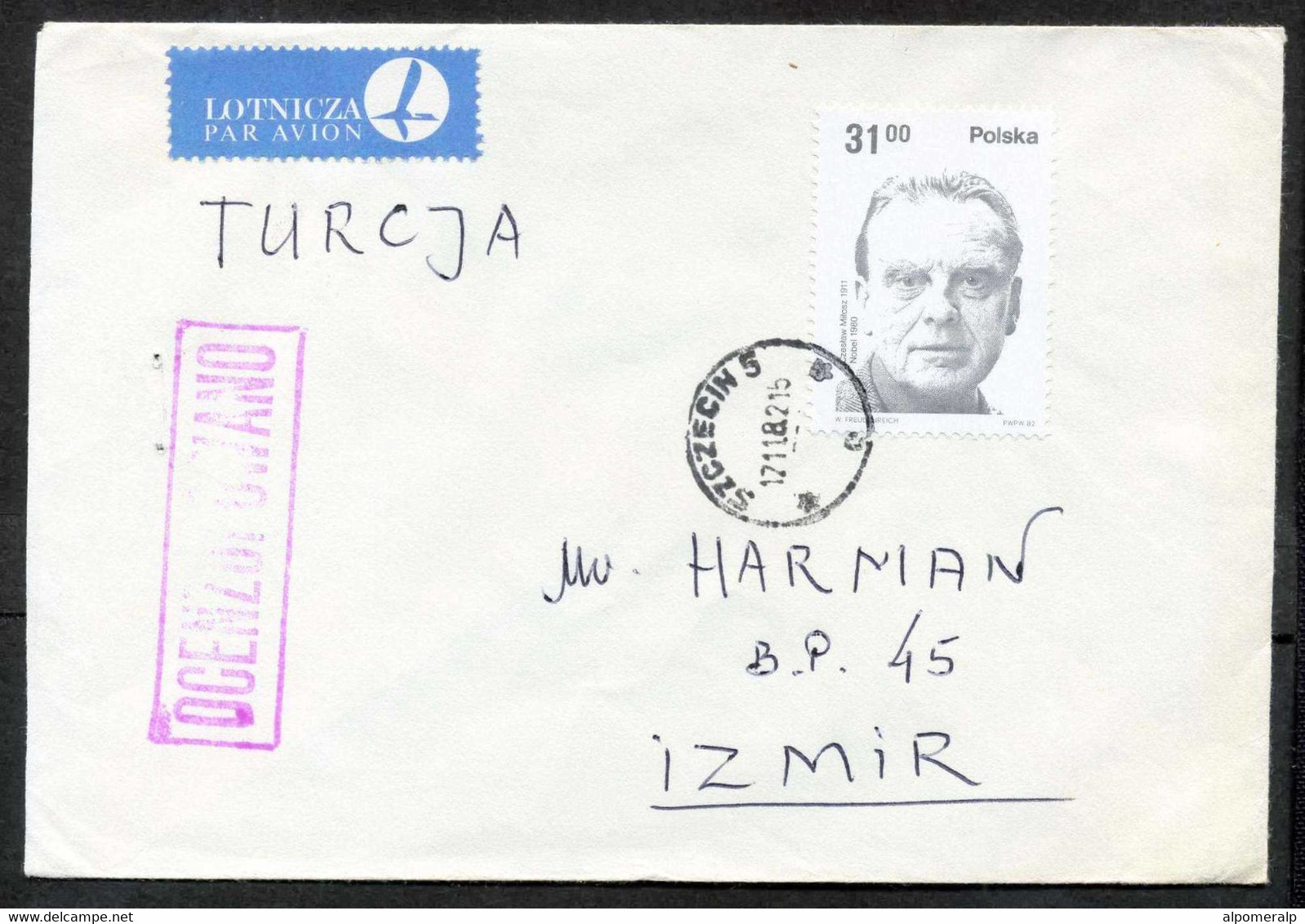 Poland Szczecin 1982 Airmail Cover, Mi 2811 C. Milosz (1911-2004), Poet, Polish Nobel Prize Winners - Flugzeuge