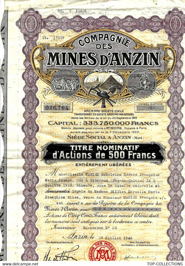 COMPAGNIE DES MINES D ANZIN 1943 TITRE NOMINATIF B.E.V.SCANS COTATION 60 EUROS - Mineral