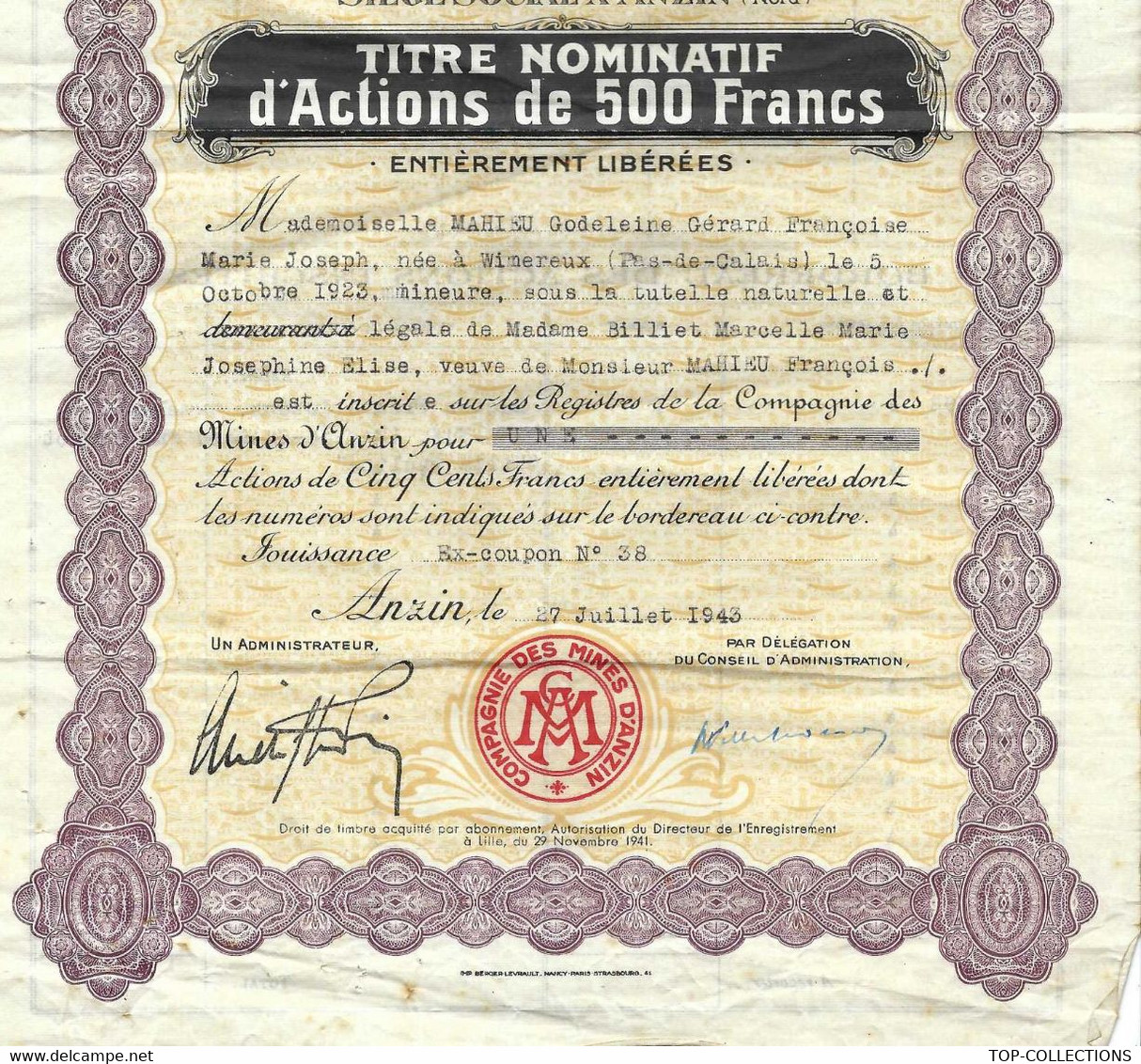 COMPAGNIE DES MINES D ANZIN 1943 TITRE NOMINATIF B.E.V.SCANS COTATION 60 EUROS - Mijnen