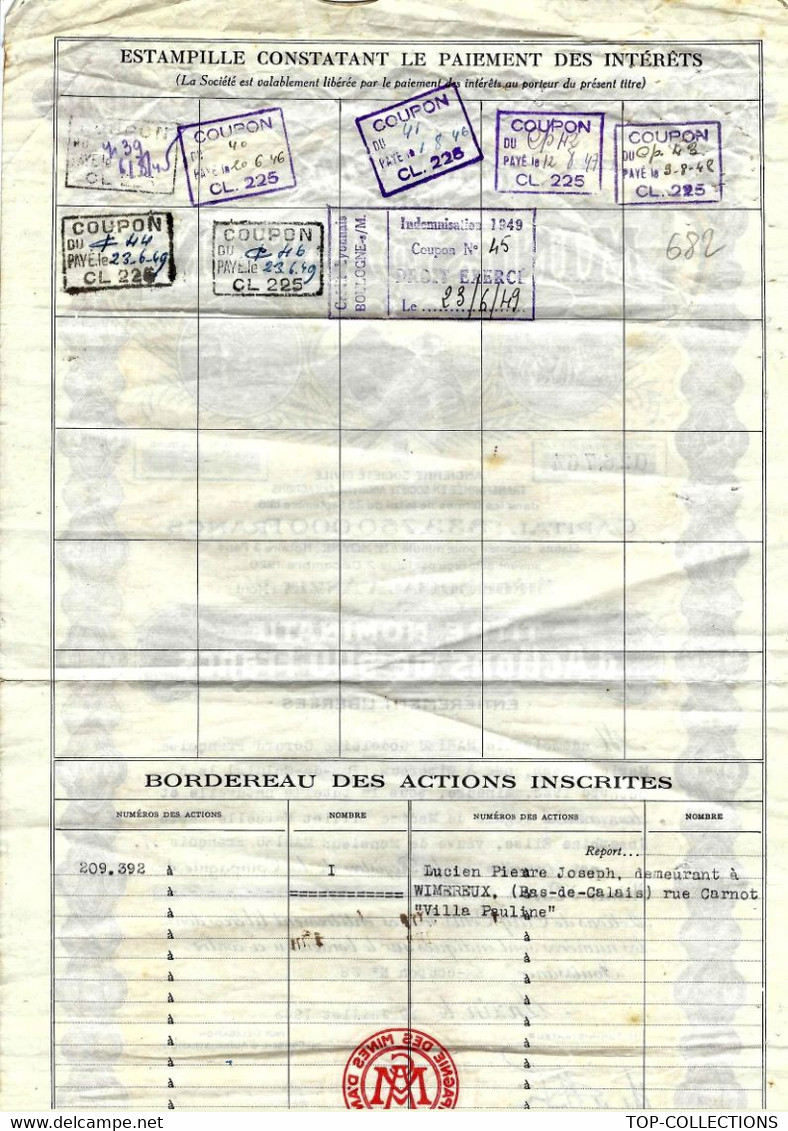 COMPAGNIE DES MINES D ANZIN 1943 TITRE NOMINATIF B.E.V.SCANS COTATION 60 EUROS - Mijnen