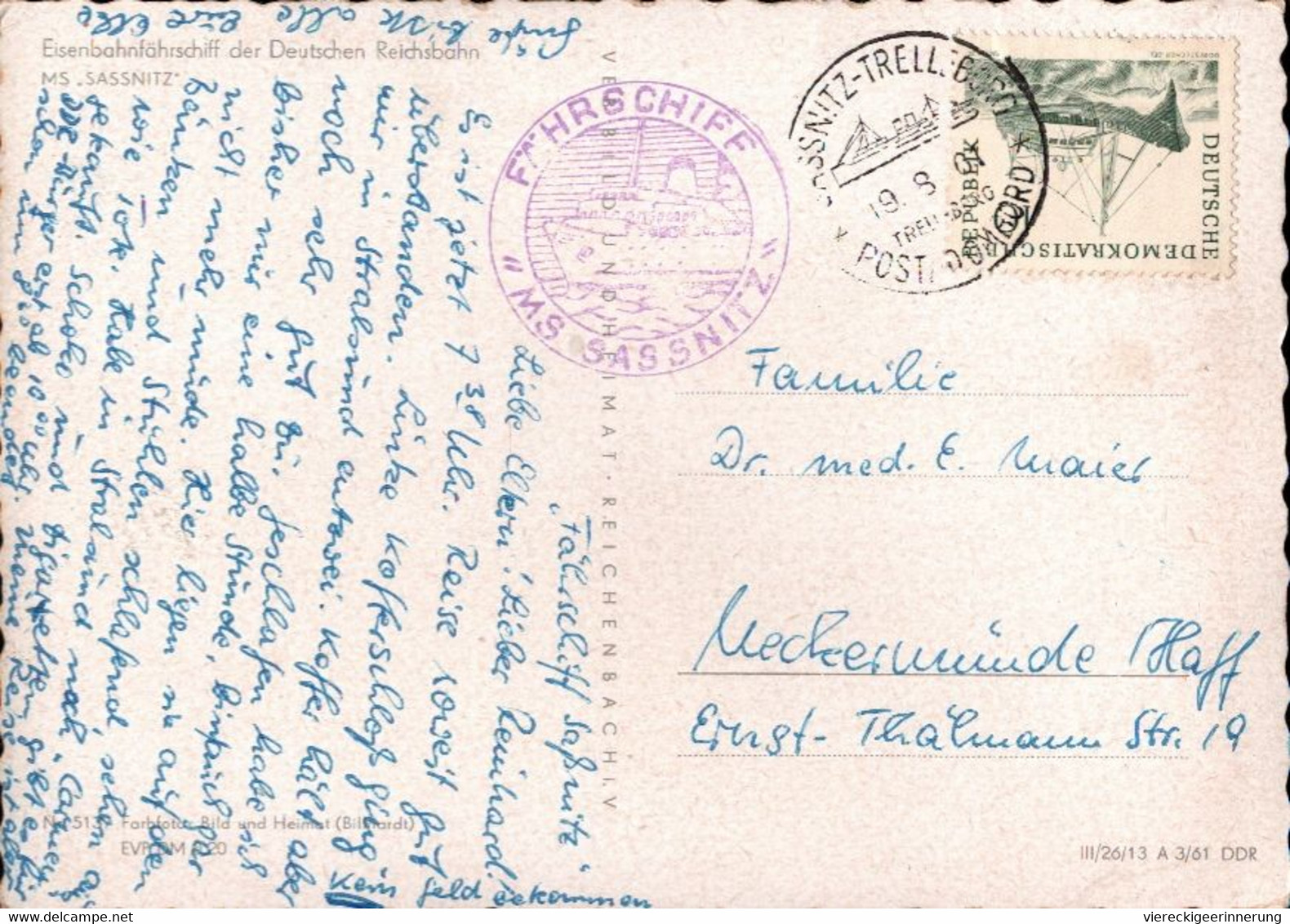 ! DDR Ansichtskarte Eisenbahnfähre, Der Reichsbahn, Schiff MS Sassnitz, Stempel Sassnitz-Trelleborg, Schiffspost, Ostsee - Fähren