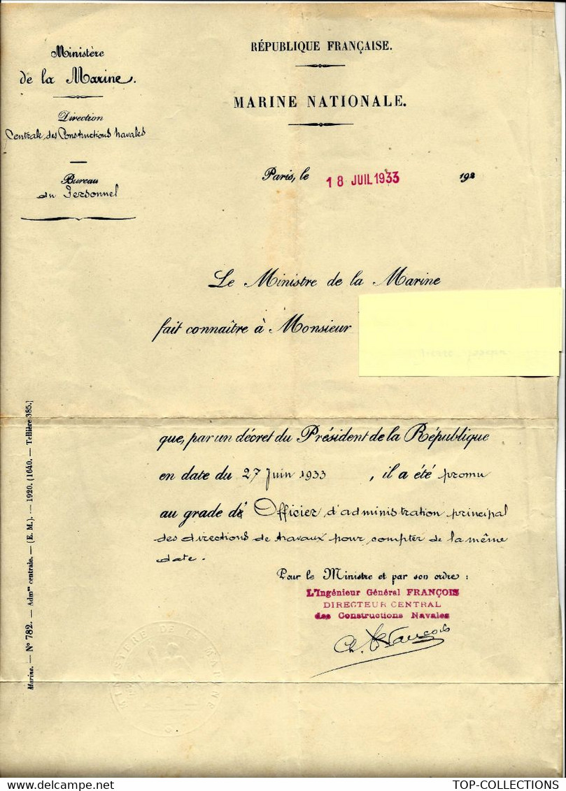 MARINE NATIONALE NOMINATION P.J. MOCQUARD OFFICIER  DIRECTION DES TRAVAUX 1933 SIGNATURE CACHET V.SCANS - Historical Documents