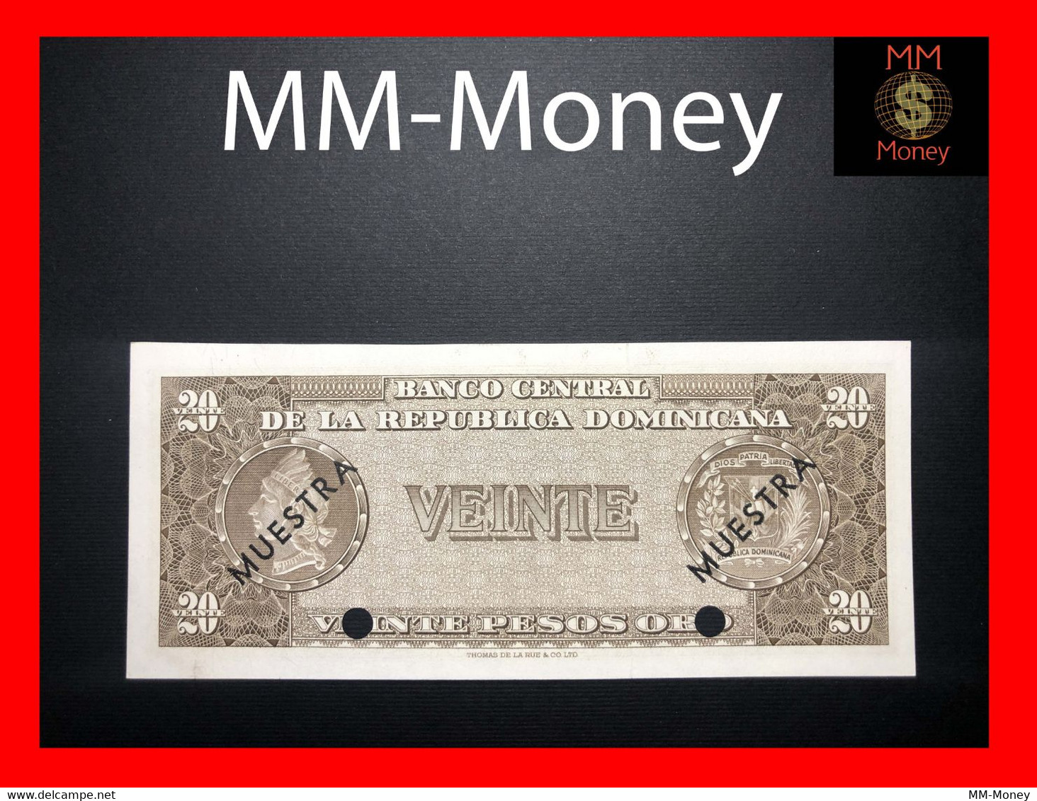 DOMINICANA 20 Peso Oro 1964  P.  102  "overprint MUESTRA"   *scarce*   UNC - Dominicaine