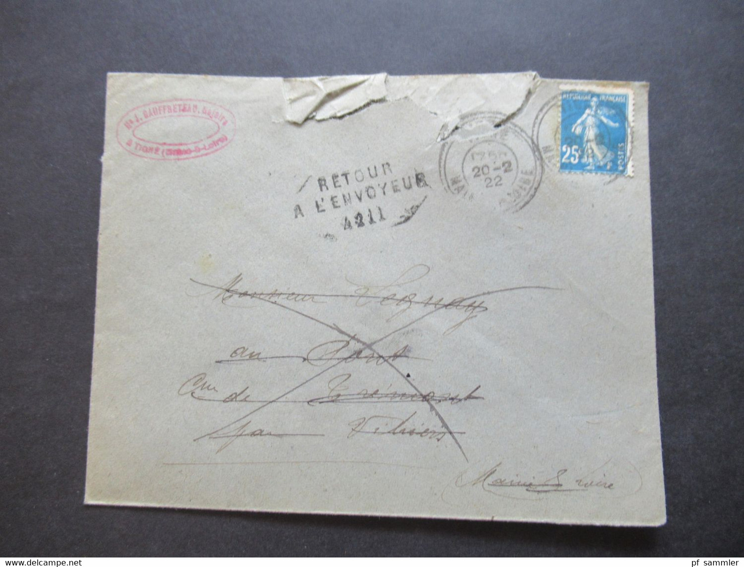 Frankreich 1922 Säerin Retour Beleg Tigne Stempel Retour A L'Envoyeur 4211 - Cartas & Documentos