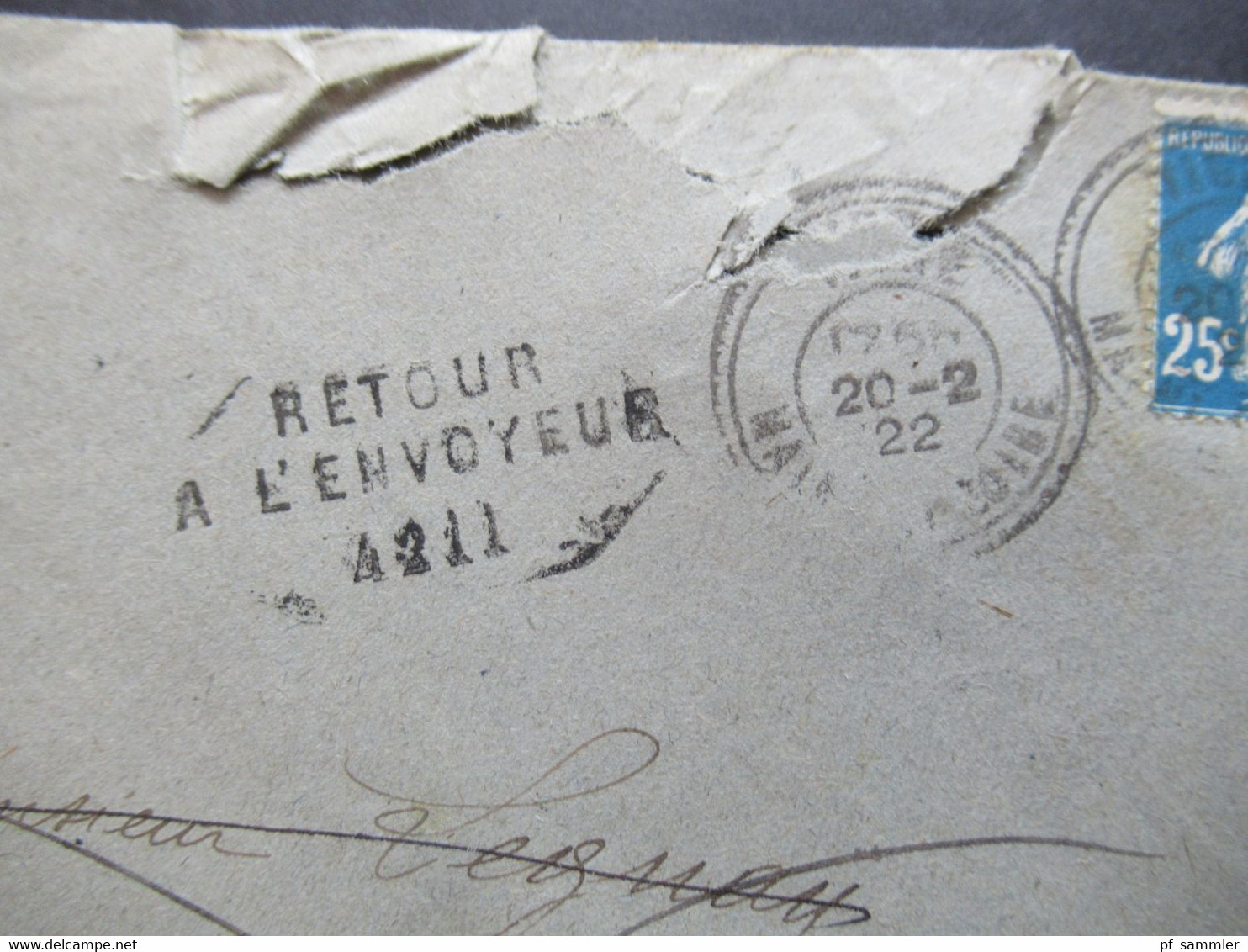 Frankreich 1922 Säerin Retour Beleg Tigne Stempel Retour A L'Envoyeur 4211 - Cartas & Documentos