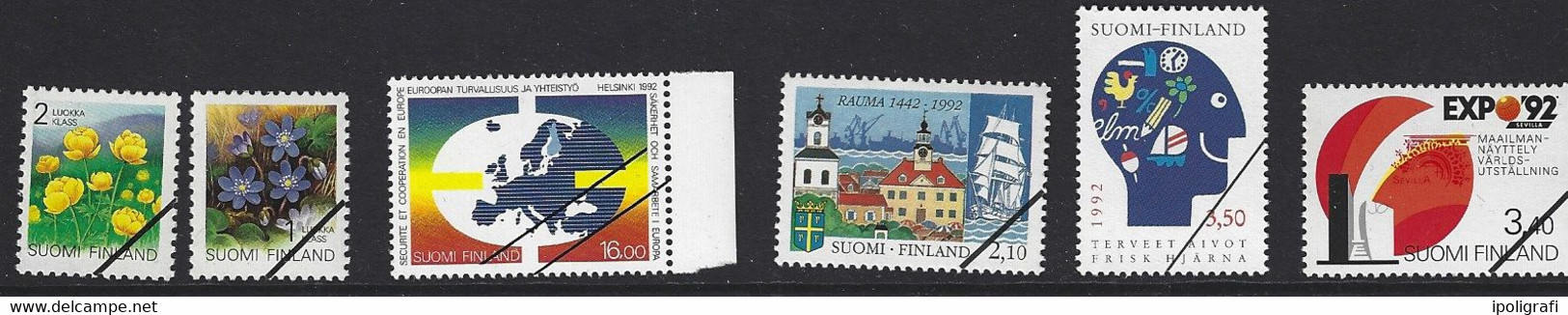 FINLANDIA 1992 5 Emissioni (6 Val.) Sovr. Saggio (barra Nera Obliqua) Mnh - Varietà E Curiosità