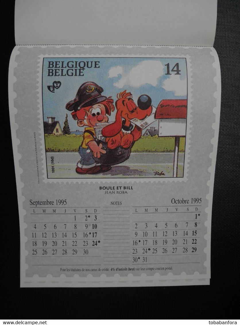 RARE CALENDRIER TINTIN HERGE .LA POSTE BELGIQUE . 1995 . GASTON FRANQUIN . SCHTROUMPF PEYO . BOULE ET BILL ROBA . ...