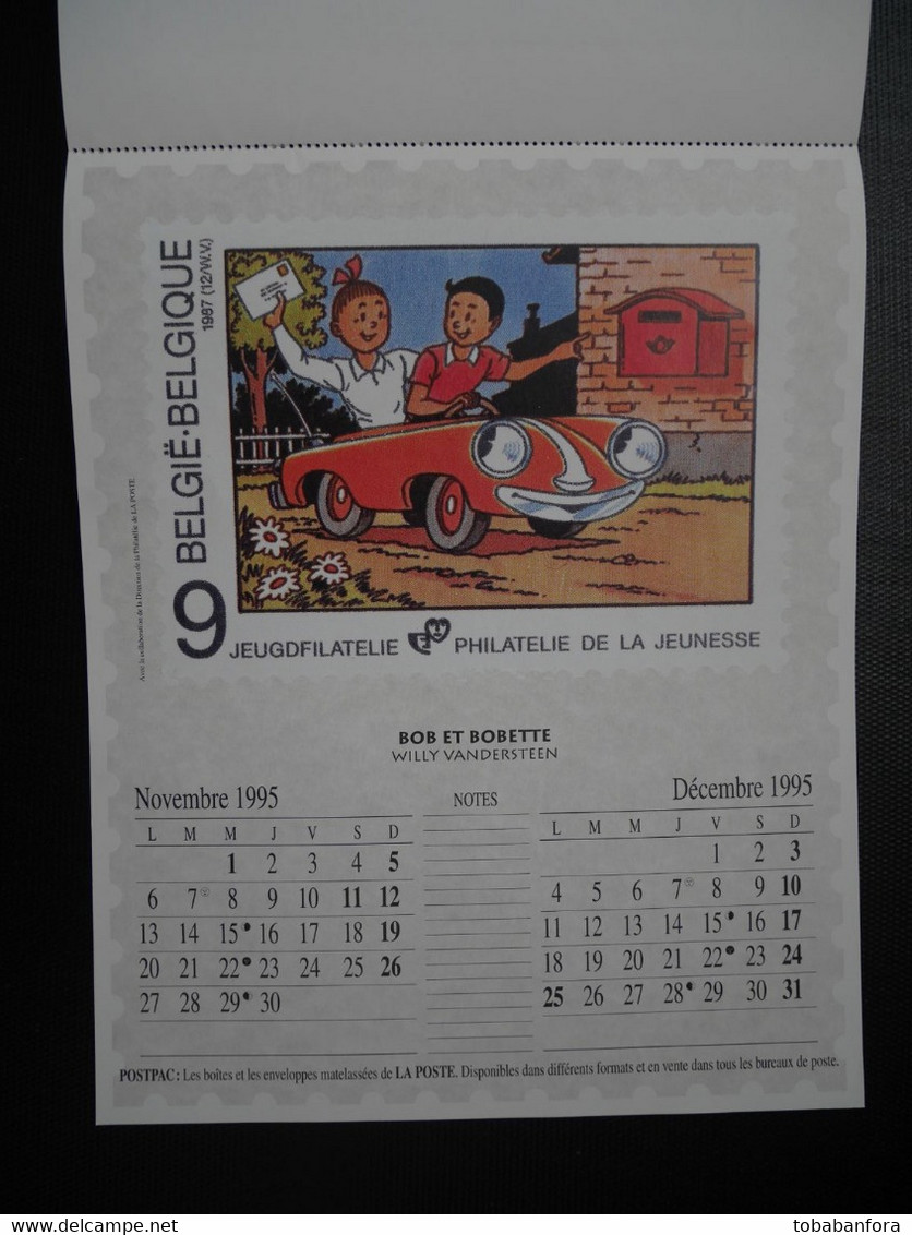 RARE CALENDRIER TINTIN HERGE .LA POSTE BELGIQUE . 1995 . GASTON FRANQUIN . SCHTROUMPF PEYO . BOULE ET BILL ROBA . ...