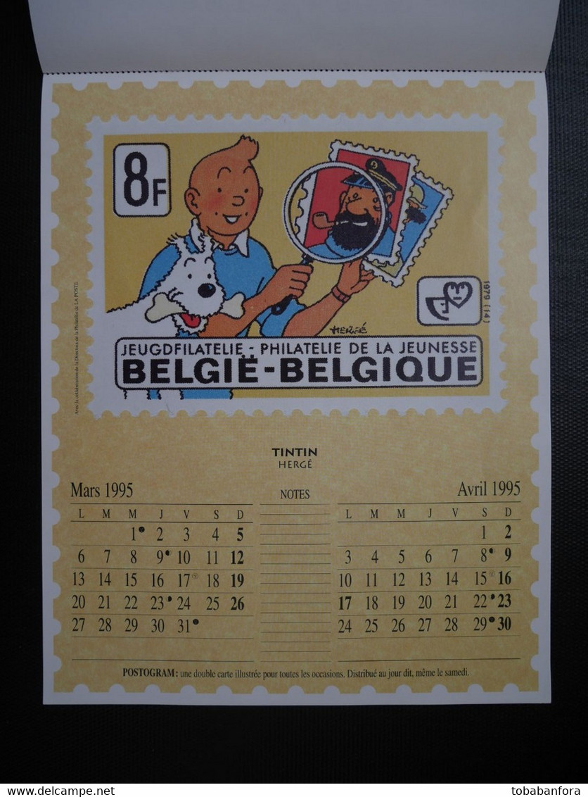 RARE CALENDRIER TINTIN HERGE .LA POSTE BELGIQUE . 1995 . GASTON FRANQUIN . SCHTROUMPF PEYO . BOULE ET BILL ROBA . ...