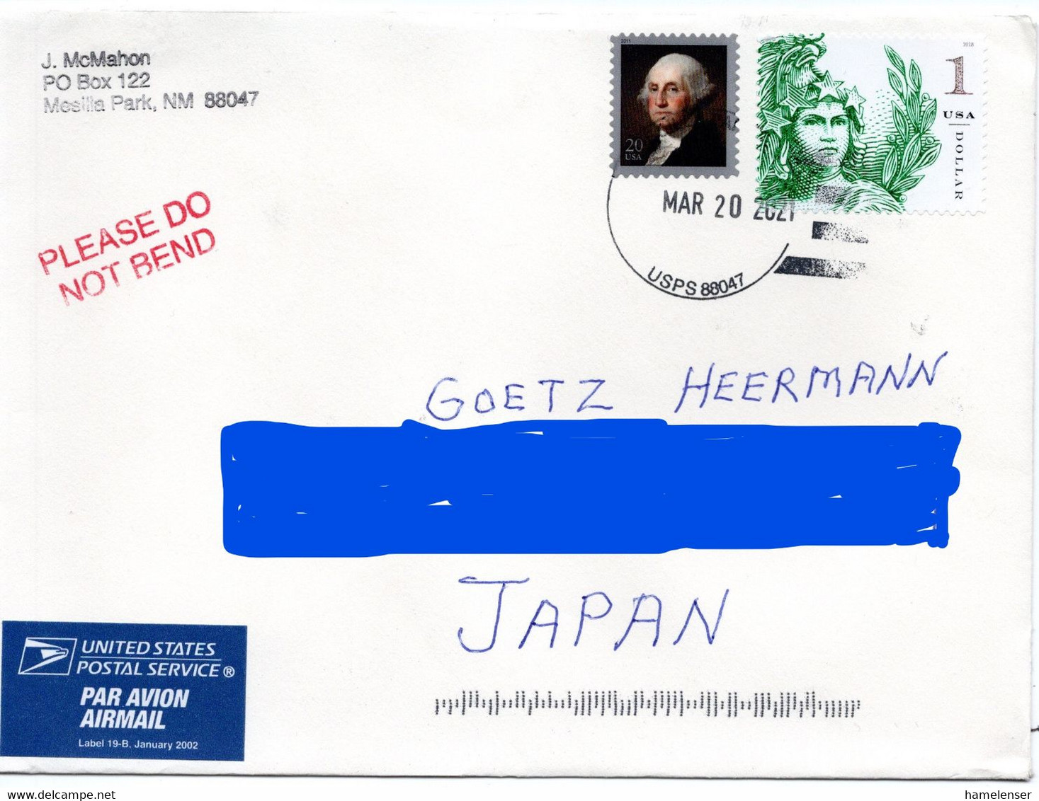 57549 - USA - 2021 - $1 '18 MiF A LpBf MESILLA PARK USPS 88047 -> Japan - Briefe U. Dokumente