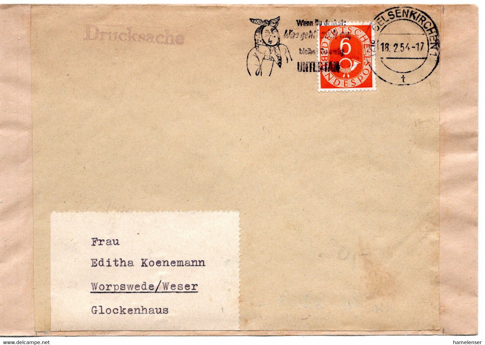 57552 - Bund - 1954 - 6Pfg. Posthorn EF A Wiederverw. DrucksBf GELSENKIRCHEN - ... UNTERTAN -> Worpswede - Brieven En Documenten