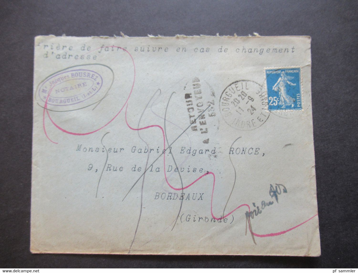 1924 Säerin Retour Beleg Stempel Retour A L'Envoyeur 532 Notaire In Bourgueil Nach Bordeaux Rückseitig 5 Stempel!! - Briefe U. Dokumente