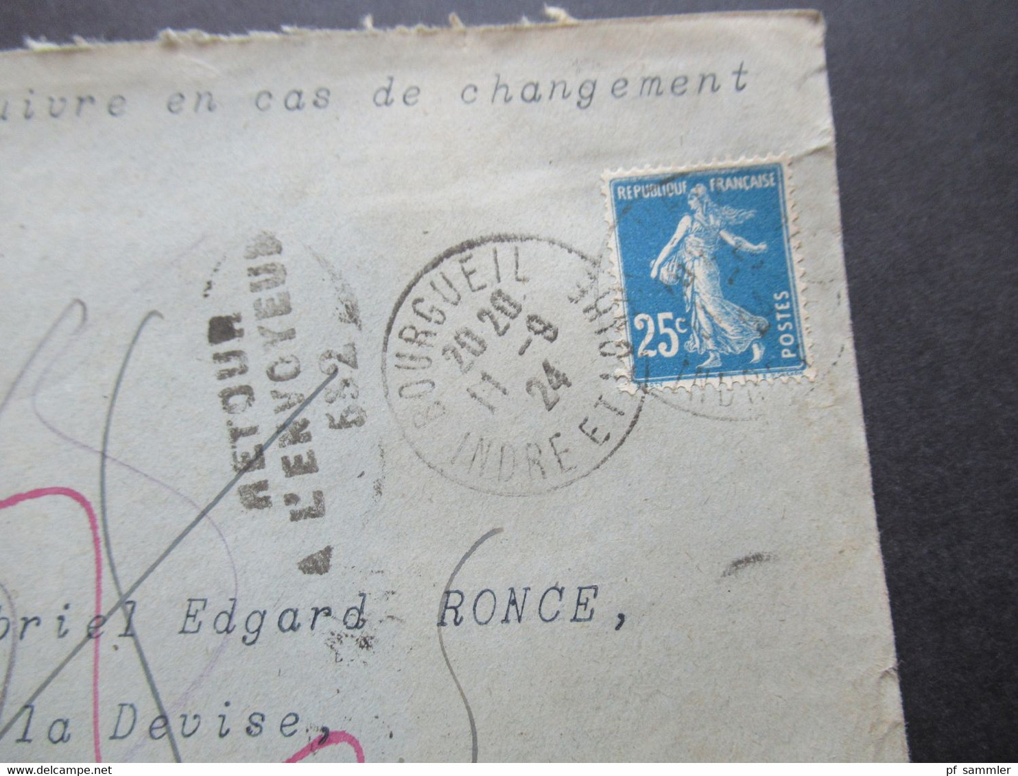 1924 Säerin Retour Beleg Stempel Retour A L'Envoyeur 532 Notaire In Bourgueil Nach Bordeaux Rückseitig 5 Stempel!! - Brieven En Documenten