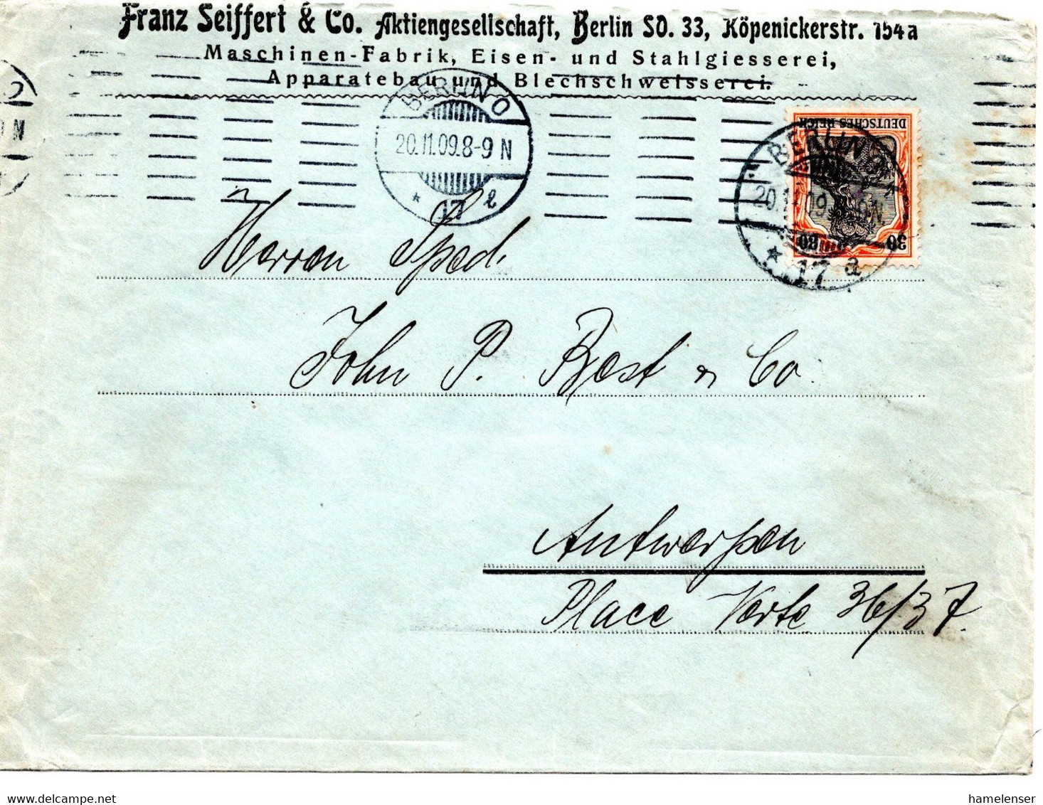 57554 - Deutsches Reich - 1909 - 30Pfg. Germania EF A Bf BERLIN -> ANTWERPEN (Belgien) - Storia Postale