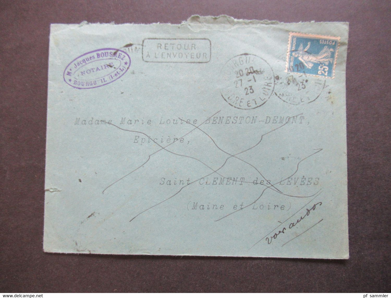 1923 Säerin Retour Beleg Stempel Ra2 Retour A L'Envoyeur Notaire In Bourgueil Nach Saint Clement Rückseitig 3 Stempel!! - Storia Postale