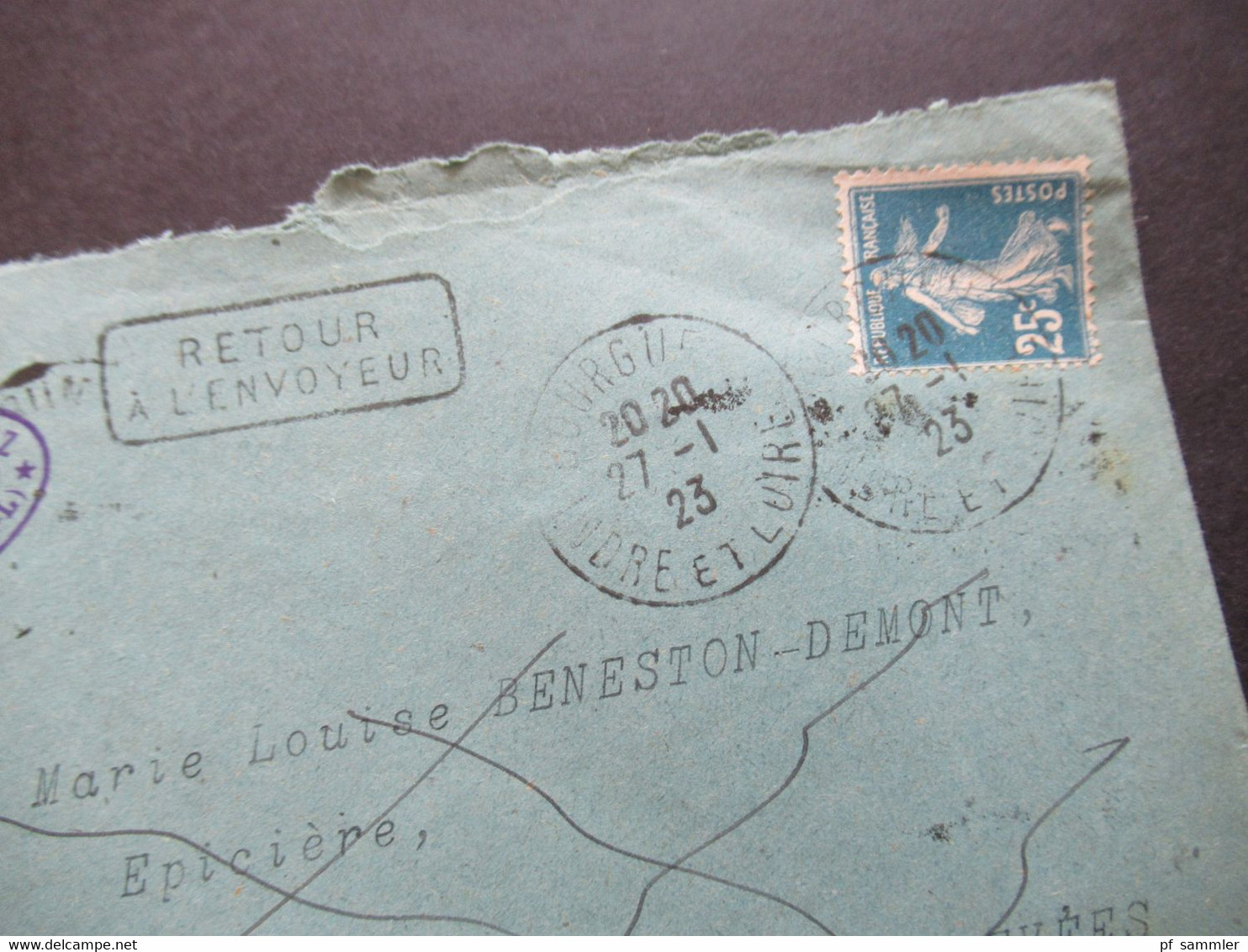 1923 Säerin Retour Beleg Stempel Ra2 Retour A L'Envoyeur Notaire In Bourgueil Nach Saint Clement Rückseitig 3 Stempel!! - Storia Postale