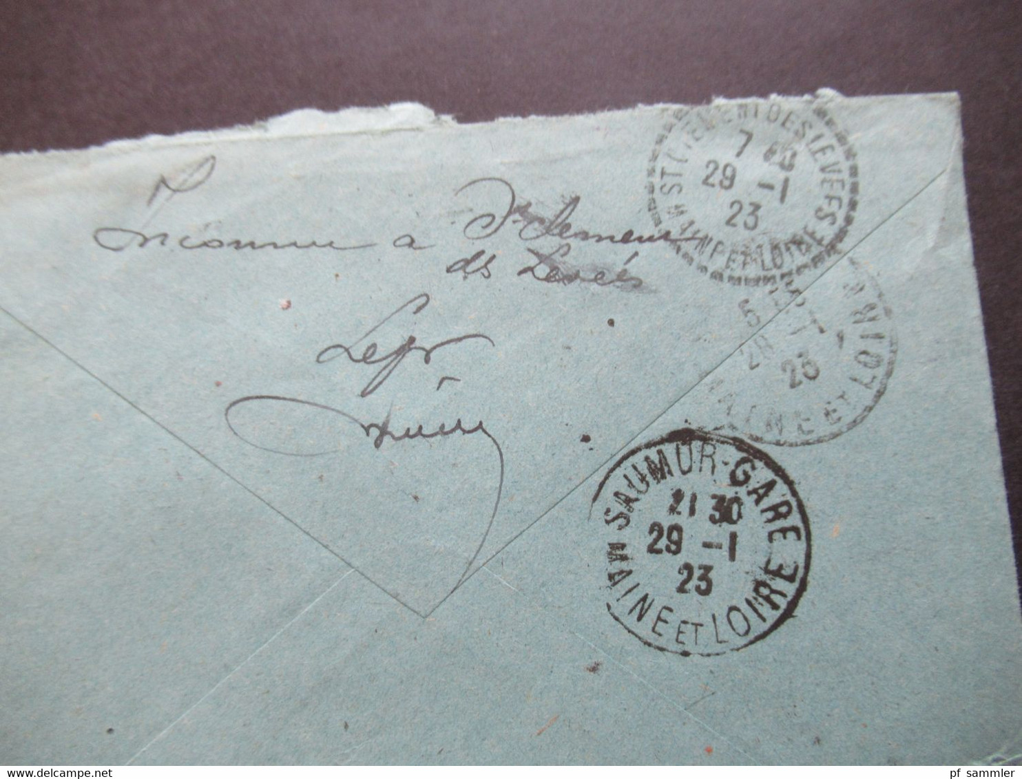 1923 Säerin Retour Beleg Stempel Ra2 Retour A L'Envoyeur Notaire In Bourgueil Nach Saint Clement Rückseitig 3 Stempel!! - Brieven En Documenten