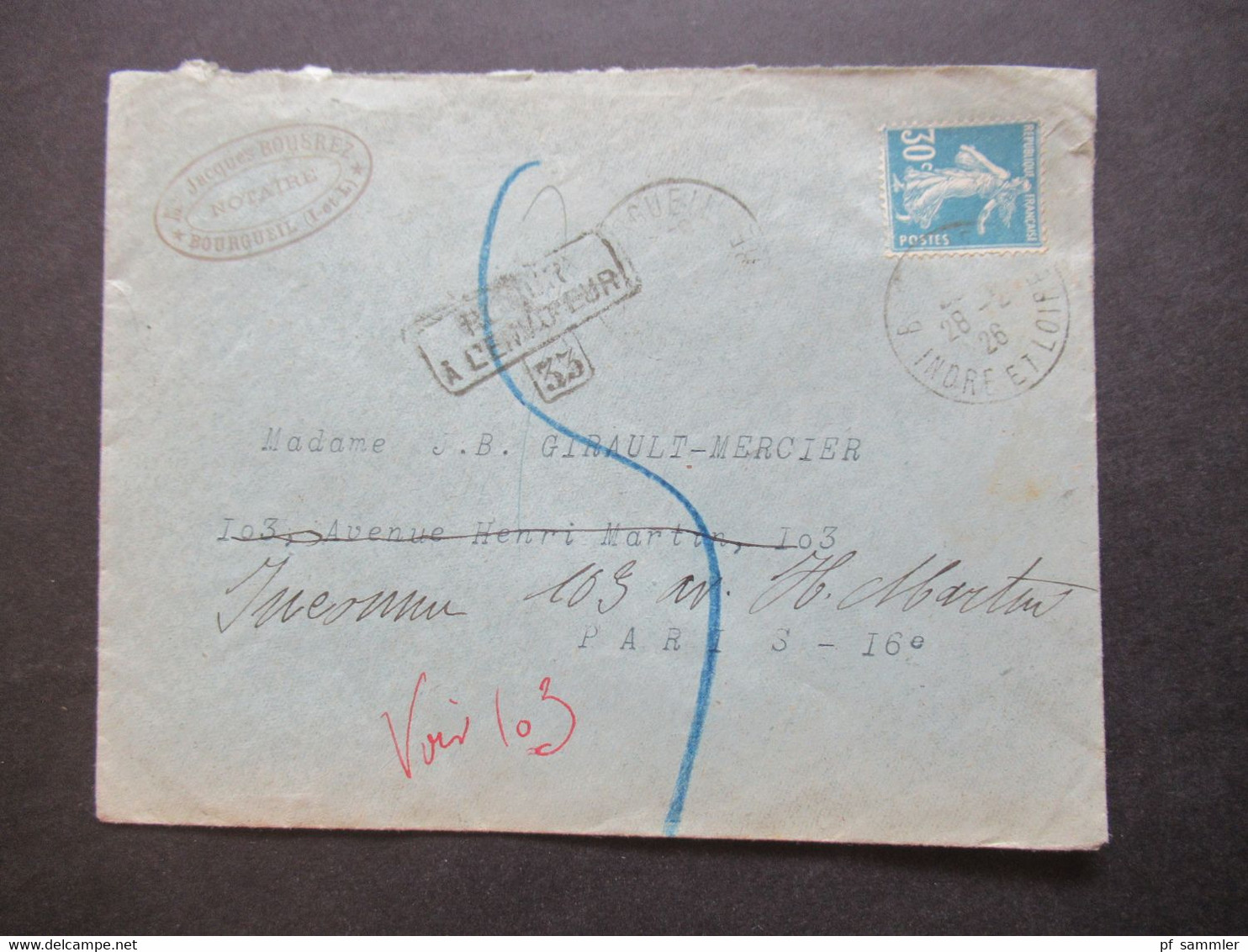 1926 Säerin Retour Beleg Stempel Ra3 Retour A L'Envoyeur 33 Notaire In Bourgueil Nach Paris Rückseitig Vermerke - Storia Postale