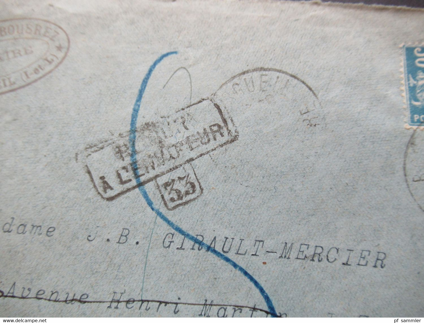 1926 Säerin Retour Beleg Stempel Ra3 Retour A L'Envoyeur 33 Notaire In Bourgueil Nach Paris Rückseitig Vermerke - Covers & Documents