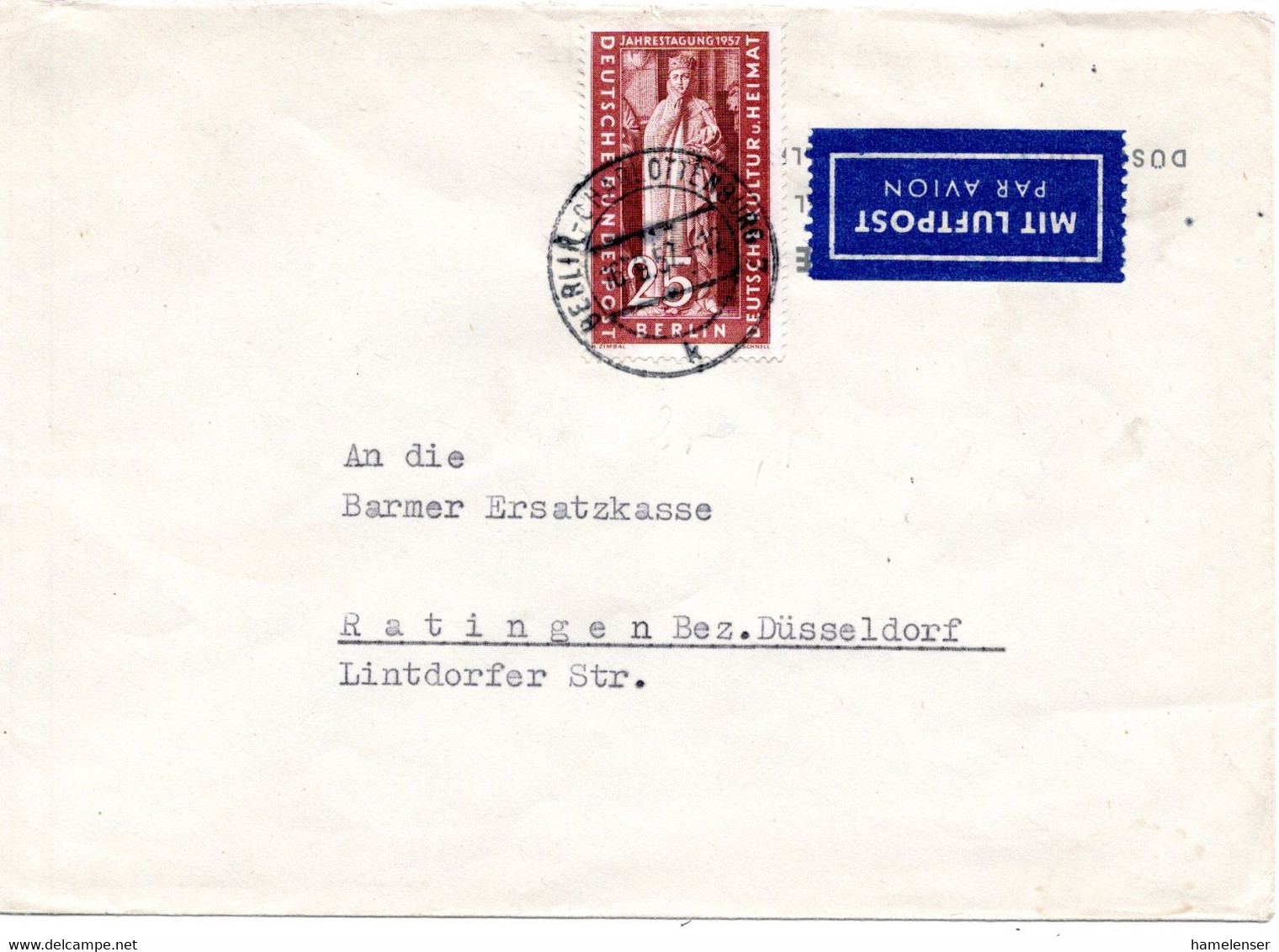 57558 - Berlin - 1957 - 25Pfg. Kultur & Heimat EF A LpBf BERLIN -> Ratingen - Covers & Documents