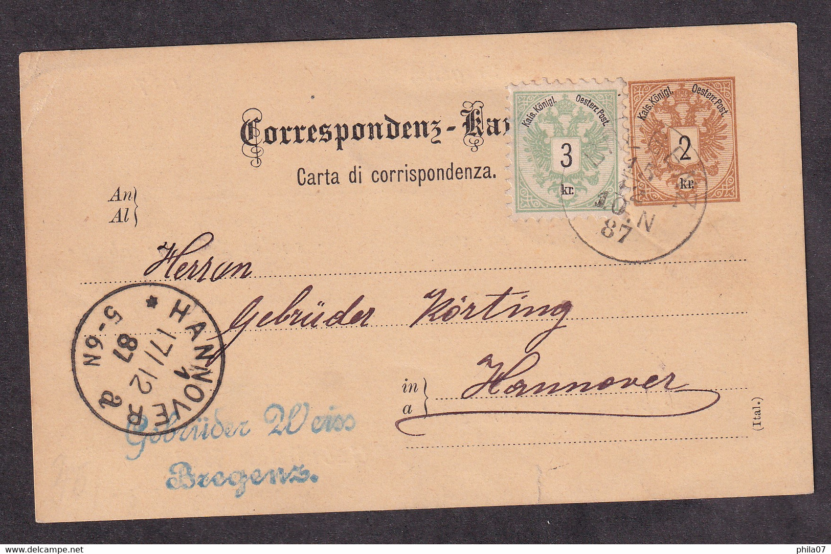 AUSTRIA - Bilingual Stationery, German/Italian Language. Additionally Franked. Sent 1887 To Hannover - 2 Scans - Lettres & Documents