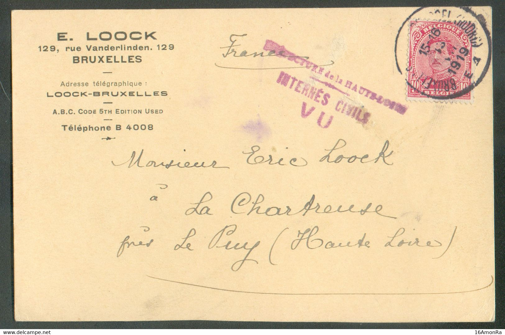 N°138 - 10 Centimes Obl. Sc De BRUXELLES (NORD) sur Carte Du 13-VII-1919 Vers La Chartreuse (FR). + Griffe Violette Préf - Prisonniers