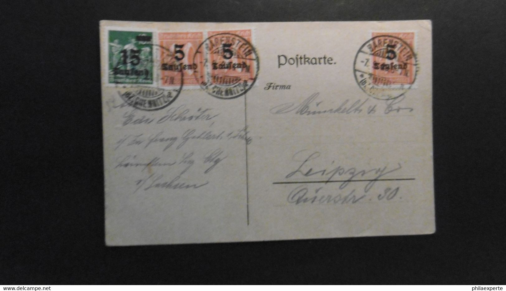 Deutsches Reich Mi. 279 + 277(3) Firmenpostkarte Bärenstein 7.9.1923 Nach Leipzig - Covers & Documents