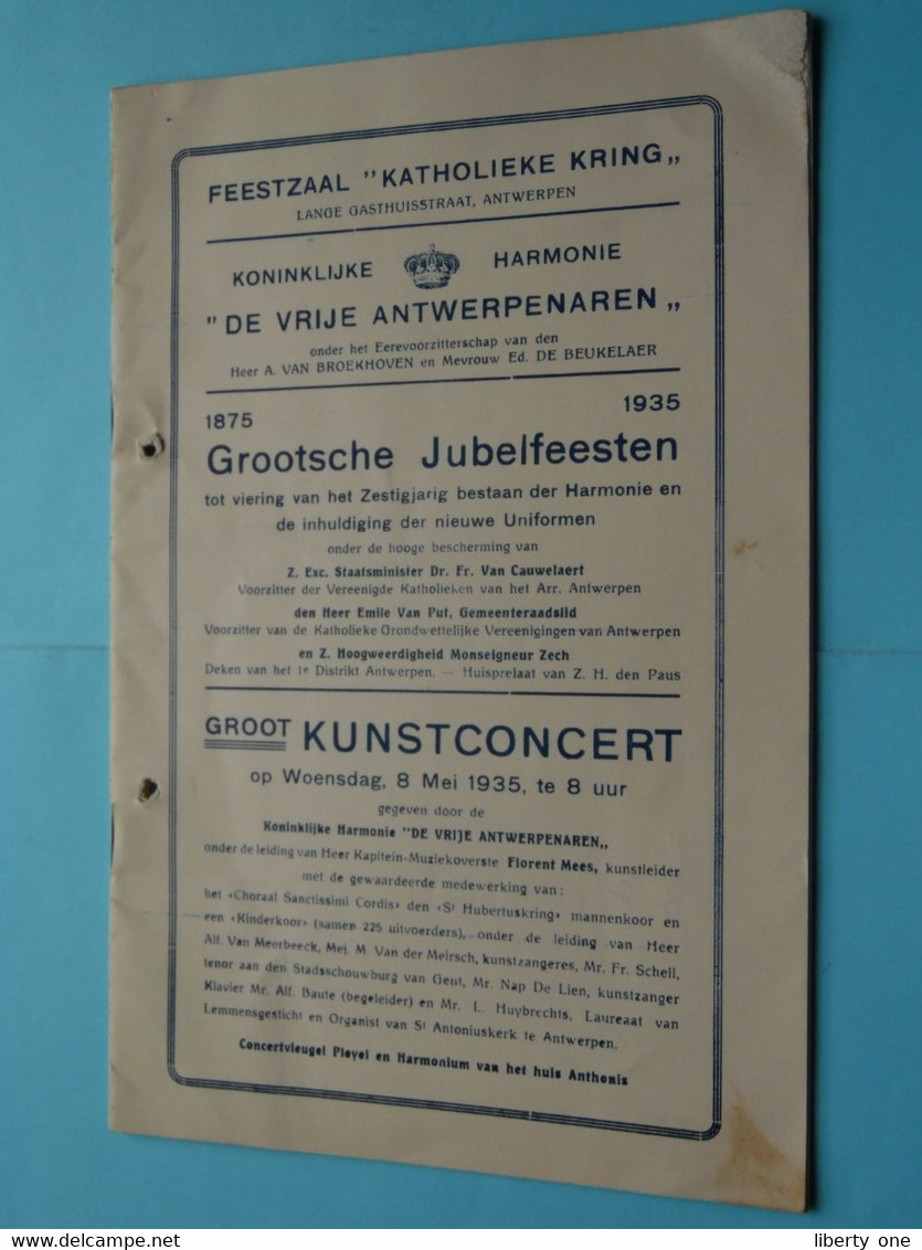 Koninklijke Harmonie " DE VRIJE ANTWERPENAREN " > 1935 JUBELFEEST / CONCERT> Feestzaal Katholieken Kring ANTWERPEN ! - Programmi