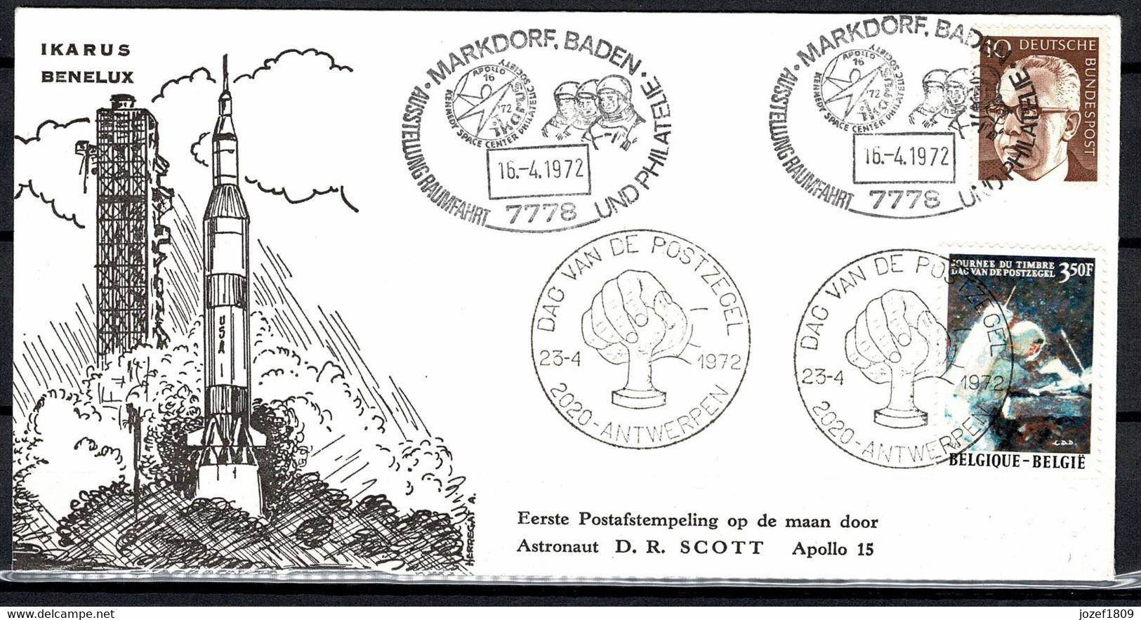 Belgium Space Apollo 15 16/04/1972 The First Lunar Post Office, Markdorf, Baden, 'Ikarus' - Otros & Sin Clasificación