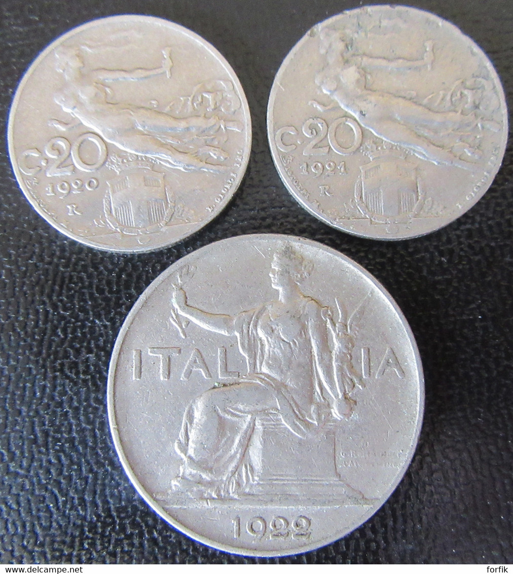 Italie / Italia - 3 Monnaies : 20 Centesimi 1920 / 1921 + 1 Lira 1922 - Verzamelingen