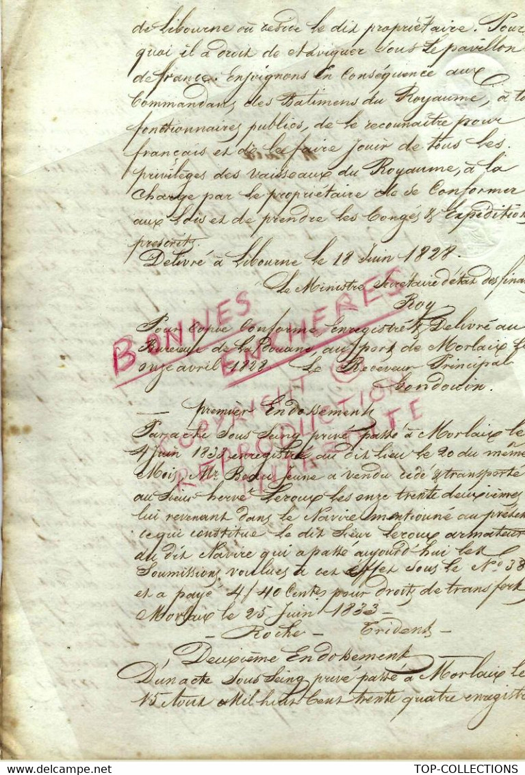 1828 NAVIGATION  ACTE DE FRANCISATION ET DE VENTE  NAVIRE L’Armoricain Port De Morlaix  2 Signatures Maçonniques - Documentos Históricos