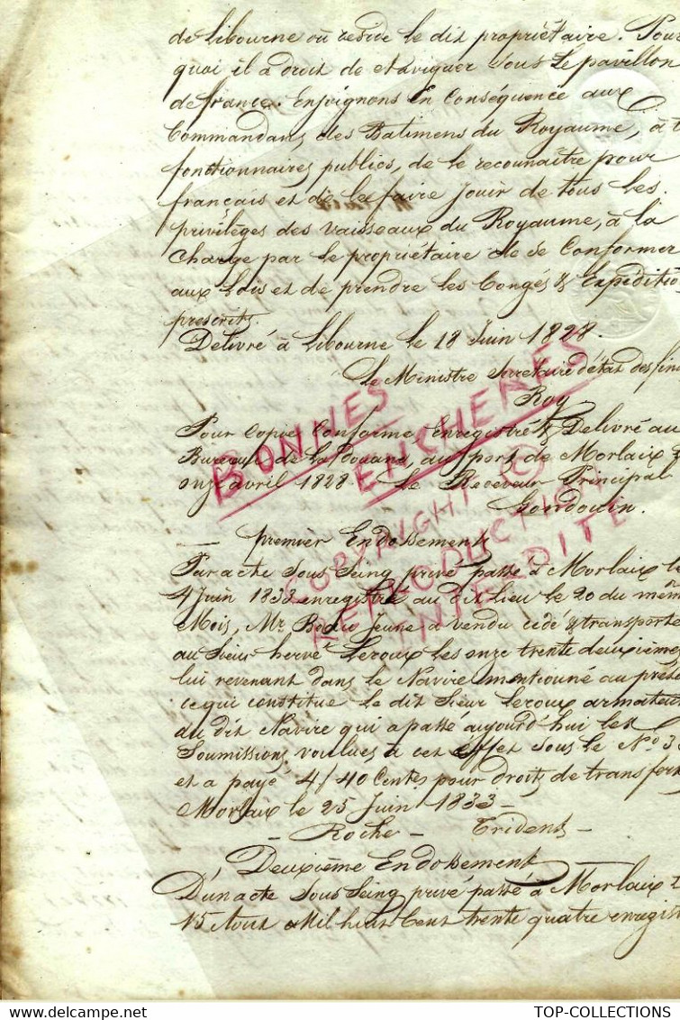 1828 NAVIGATION  ACTE DE FRANCISATION ET DE VENTE  NAVIRE L’Armoricain Port De Morlaix  2 Signatures Maçonniques - Documents Historiques