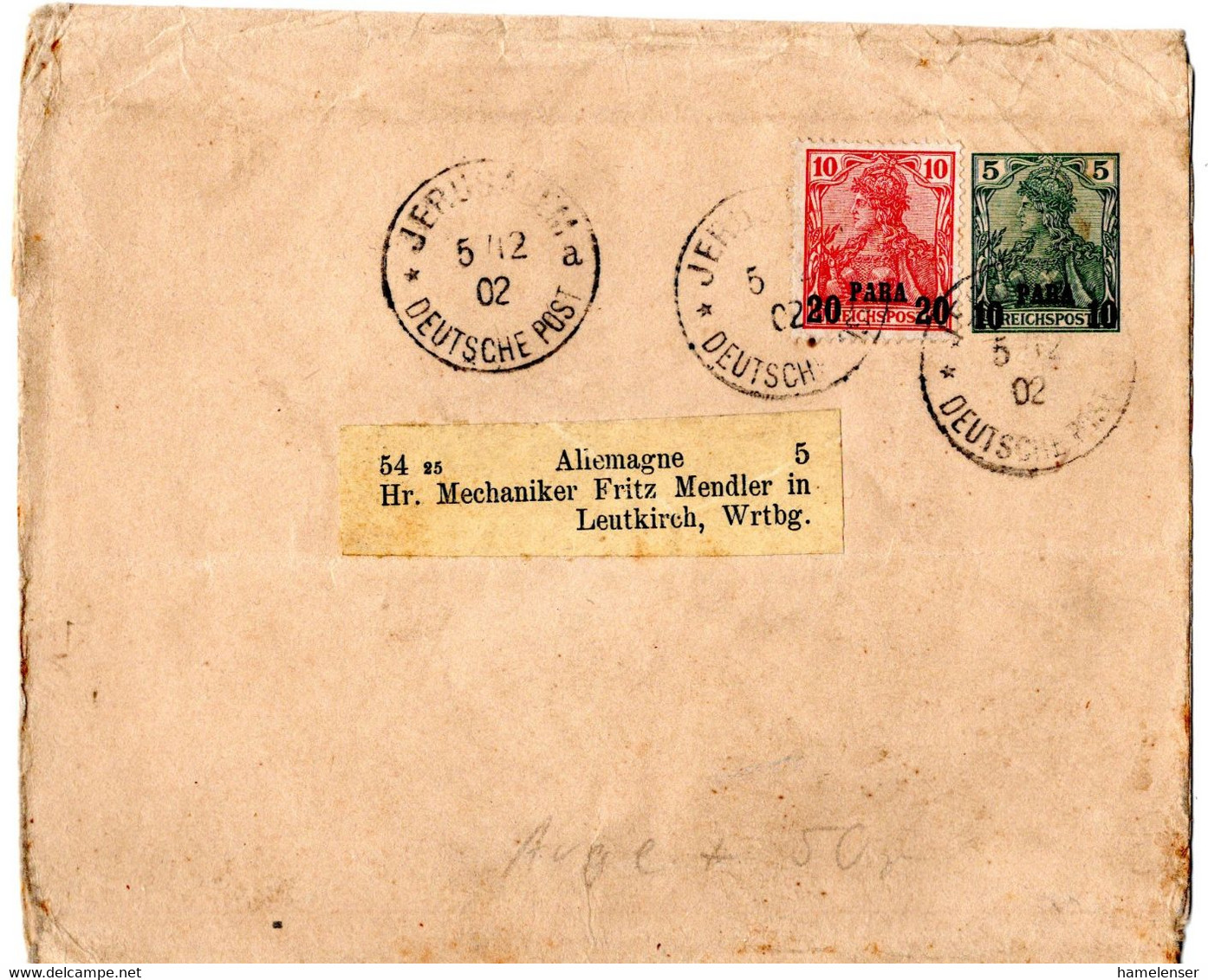 57603 - Deutsche Post In Der Tuerkei - 1902 - 20Pa. Auf 10Pa.-GA-Streifband JERUSALEM DEUTSCHE POST -> Leutkirch - Turkey (offices)